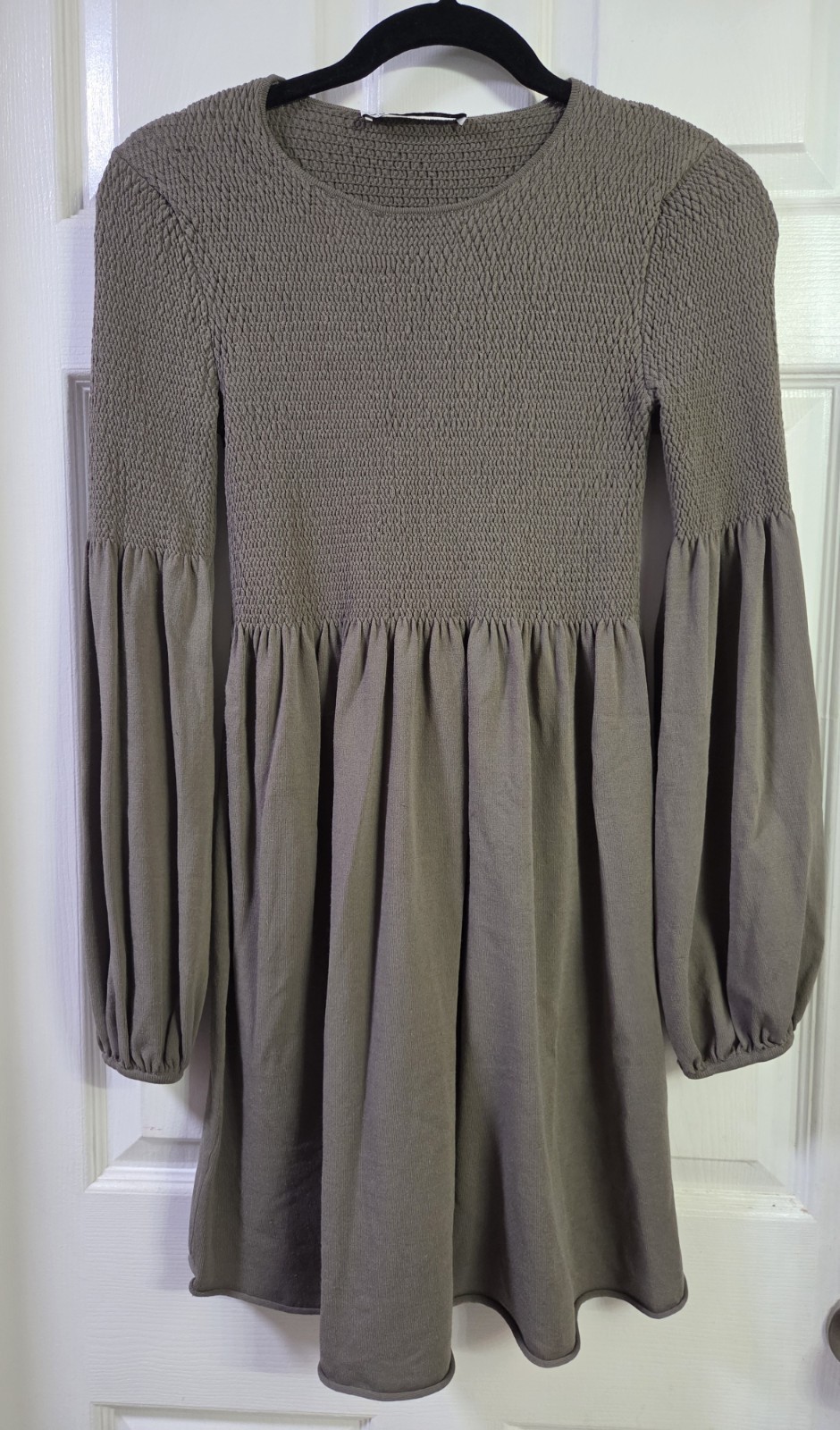 ​ZARA Smocked Knit Mini Dress Balloon Sleeve Taupe Brown Medium M Cottagecore