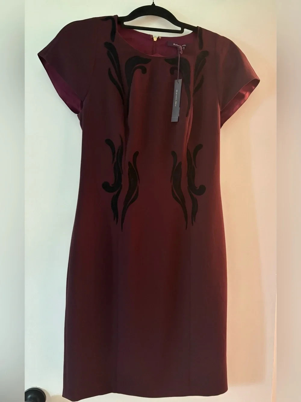 RACHEL Rachel Roy Burgundy Midi Dress with Black Velvet Appliqué 8 NWT