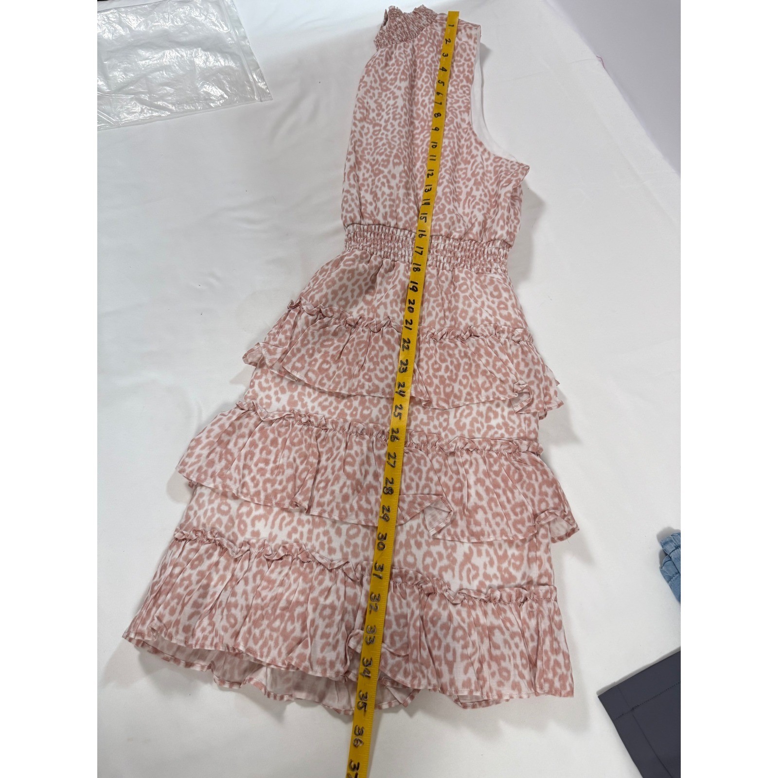 Rachel Parcell Pink Leopard Print Smocked High Neck Tiered Ruffle Mini Dress L