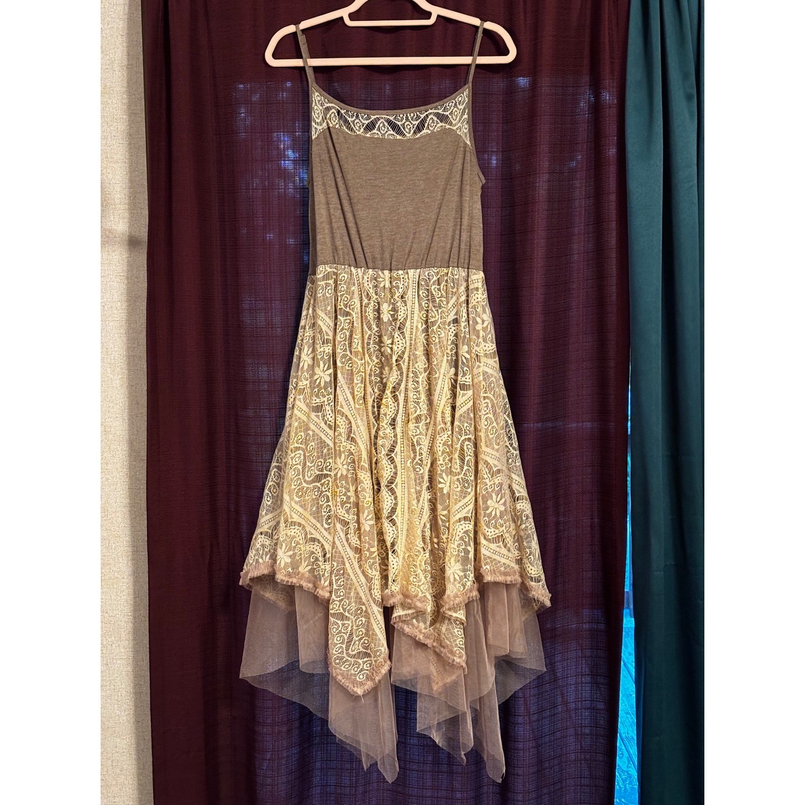 Ryu Lace Handkerchief Hem Midi Dress Taupe Cream Boho Fairycore Womens Large