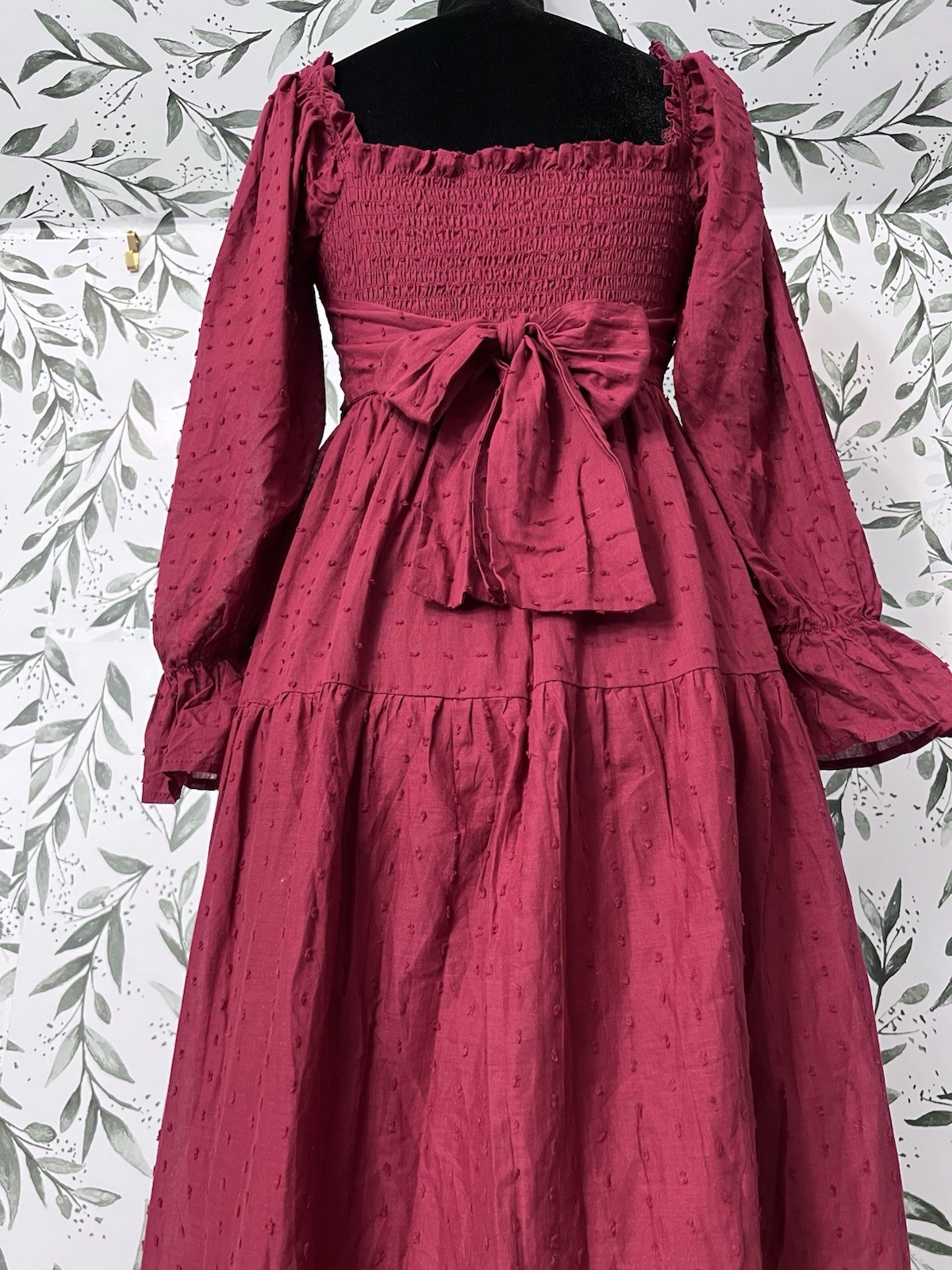 R. Vivimos Plaid Puff Sleeves Bow Boho Midi Dress Sz M Burgundy Vacation Casual