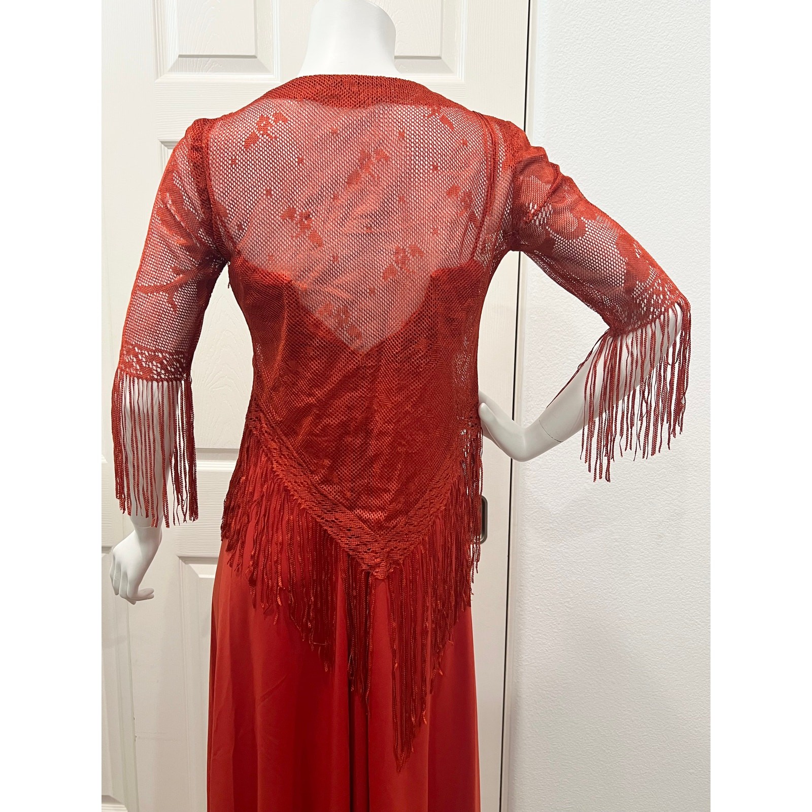 vintage 70s rust disco 1970s fringe dress strappy polyester evening dress Small