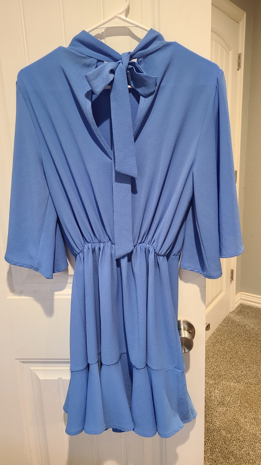 VICI Blue Solid High Neck Bow Back Keyhole 3/4 Sleeve Mini Dress S