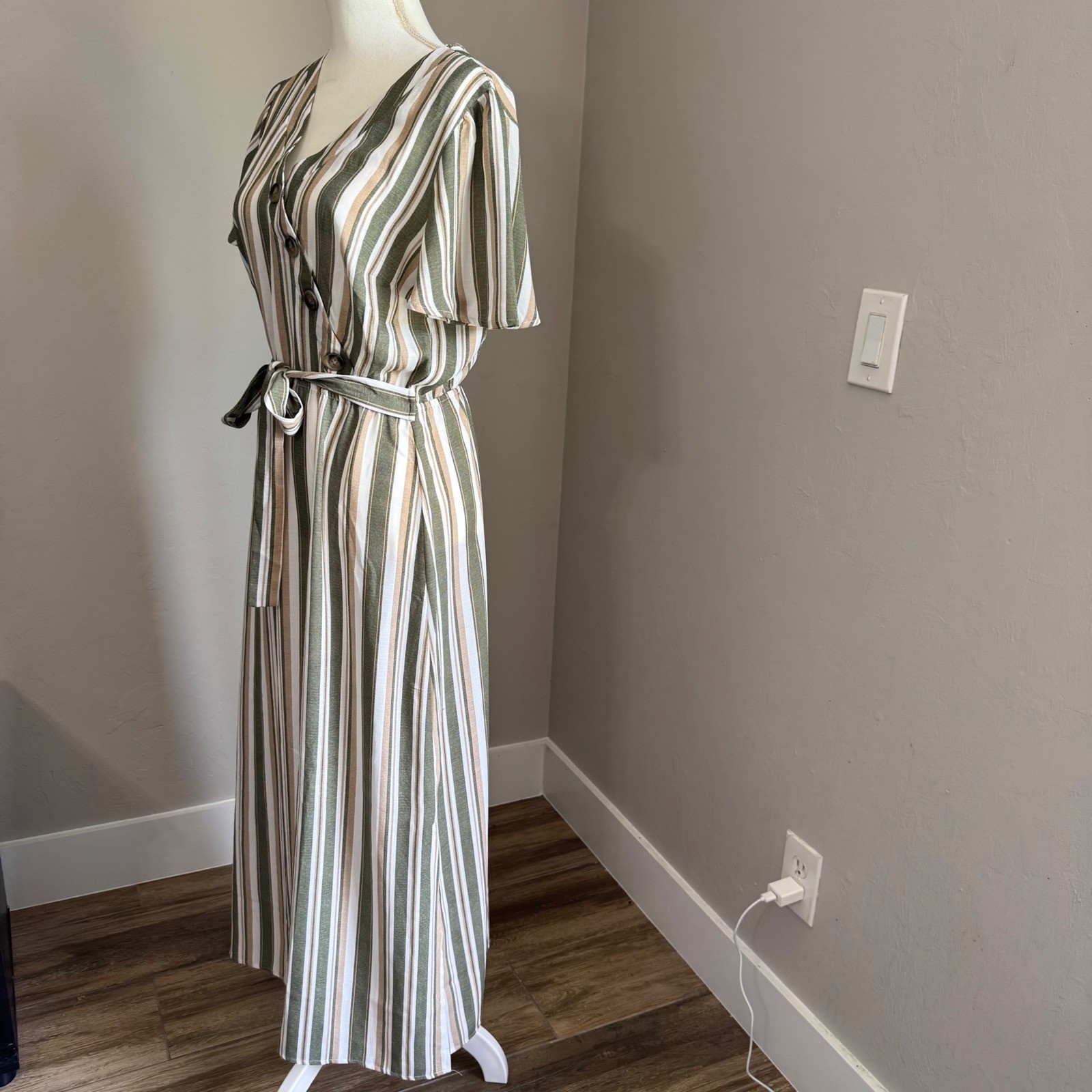 Naif Olive Green Striped Button Accent Maxi Dress Short Sleeve Belted Medium