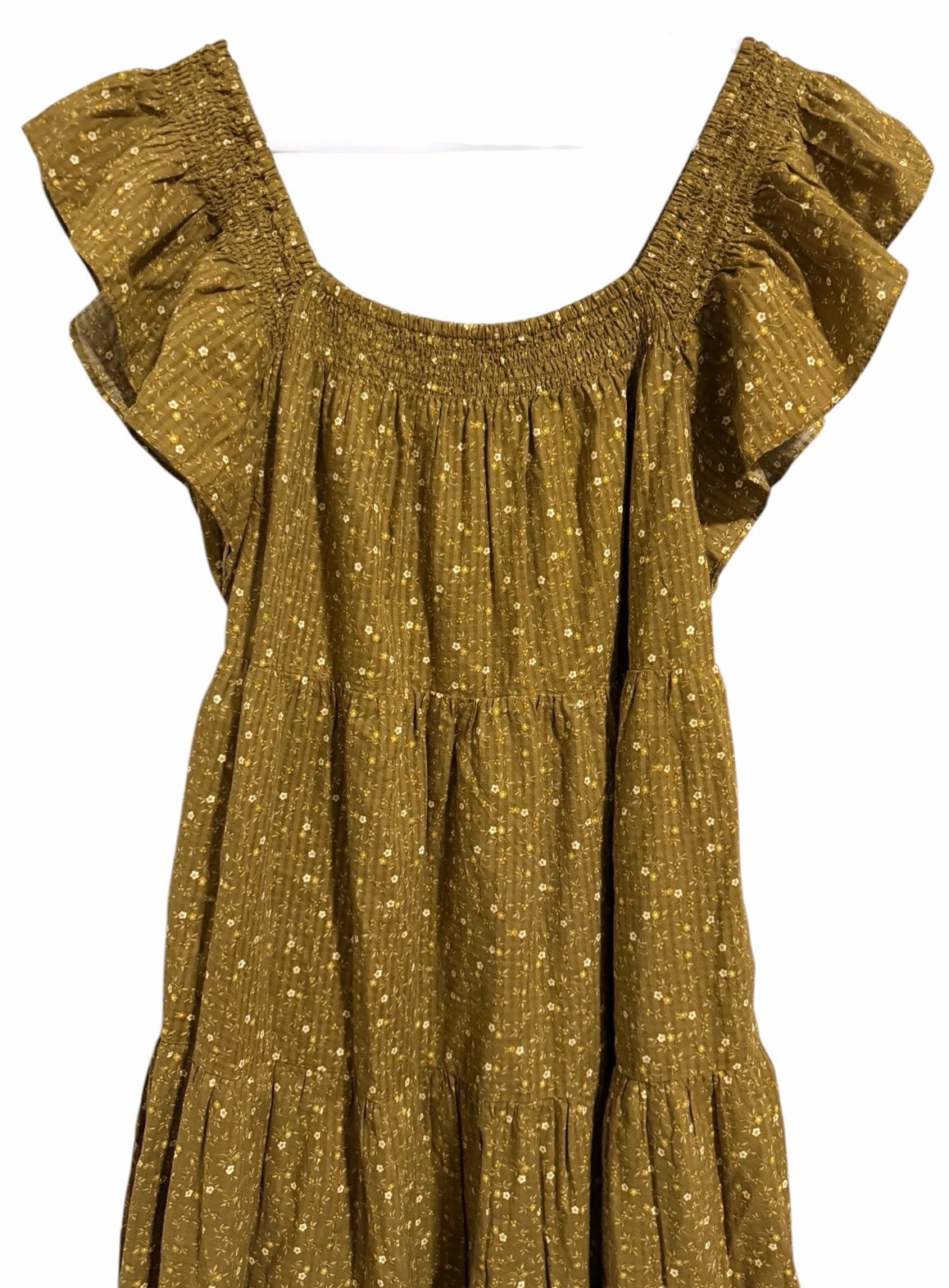 Madewell Ruffle-Sleeve Tiered Midi Dress in Daisy Stitch Weathered Olive Size L