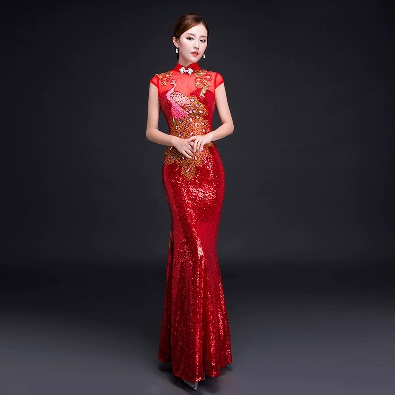 Womens Sequin Peacock Embroidery Gown Cheongsam Formal Stage Evening Qipao Dress