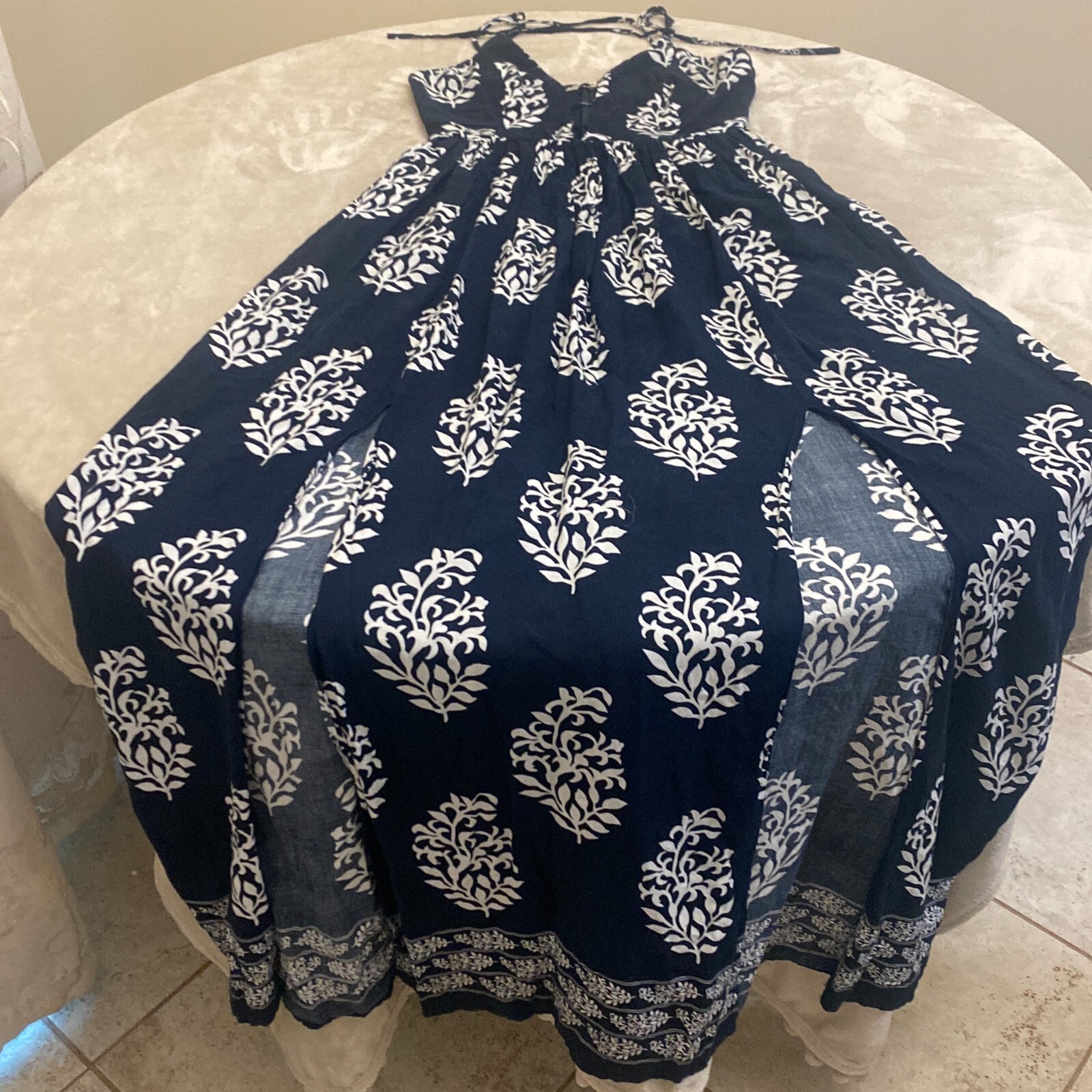 Miss Avenue Womens Navy Blue Leaf Print Split Neck Side Slit Maxi Dress Size S