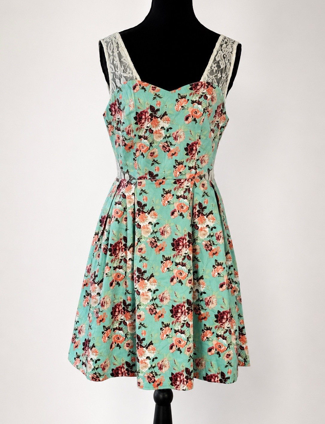The Style London Floral Lace Back Fit & Flare Dress Mint Green Pink Roses Size M