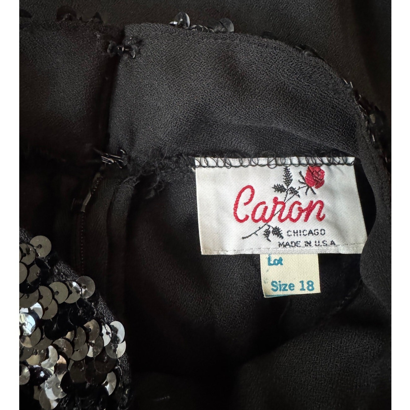 Vintage (Original Tags) | Black Sequin Collar Woven Crepe Dress | Size 18