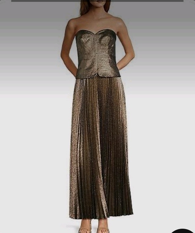 Antonio Melani Billie Crepe Strapless Pleated Metallic Maxi Dress