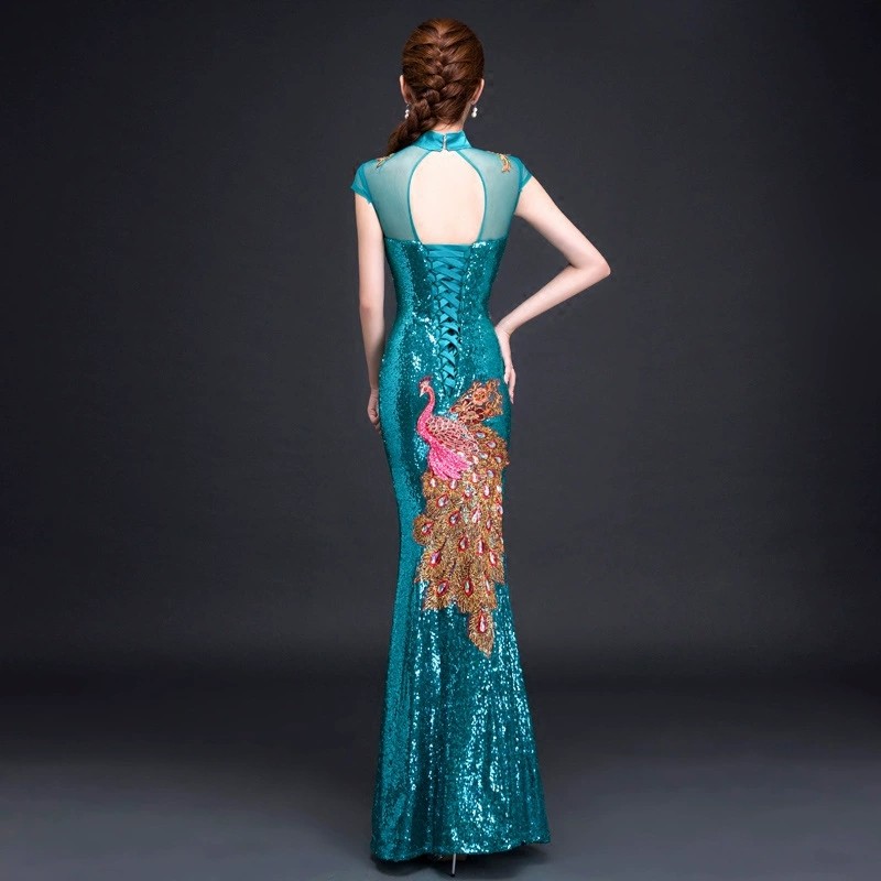 Womens Sequin Peacock Embroidery Gown Cheongsam Formal Stage Evening Qipao Dress