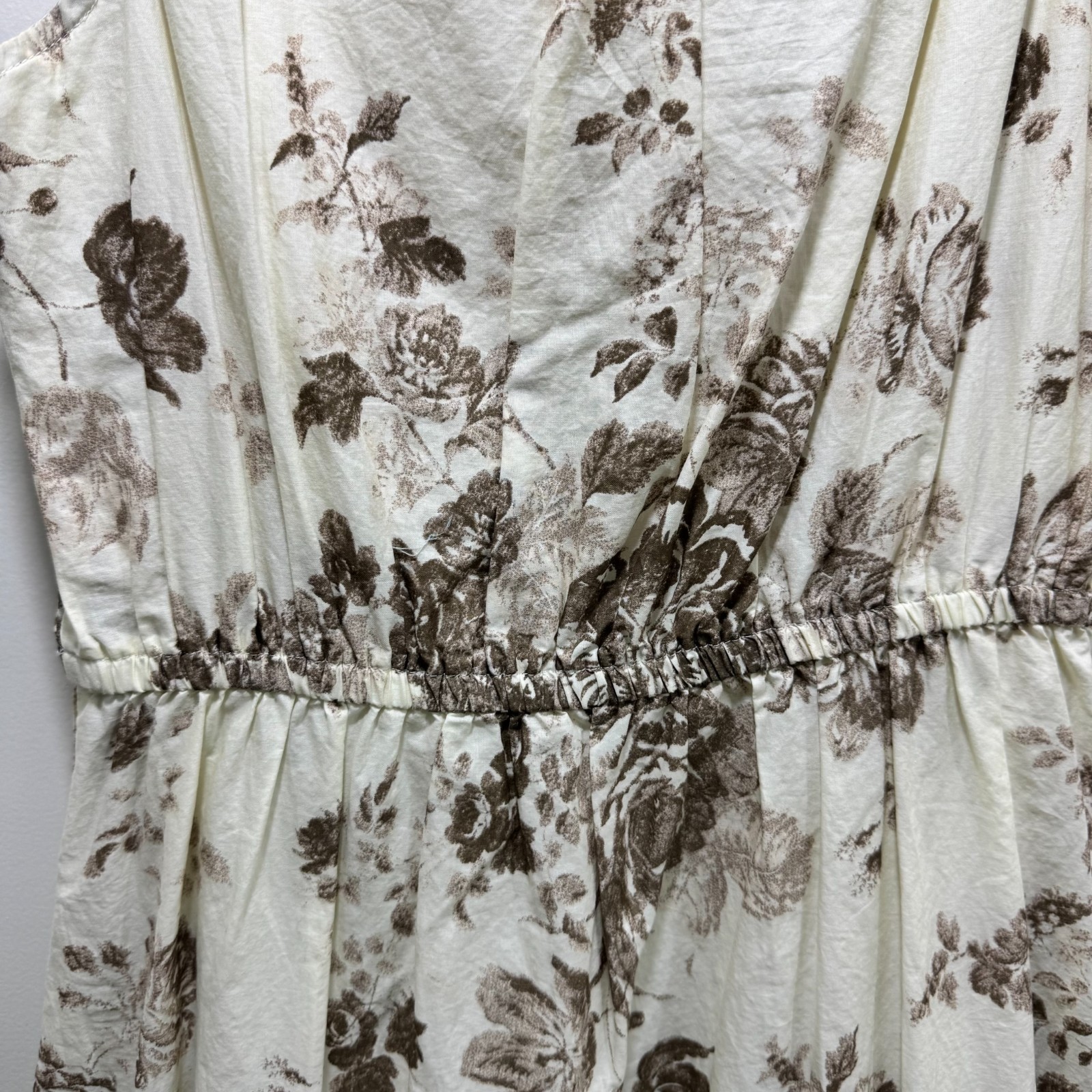 Lands End Canvas Coastal 100% Cotton Toile Floral Shabby Fit Flare Dress 6 Ivory