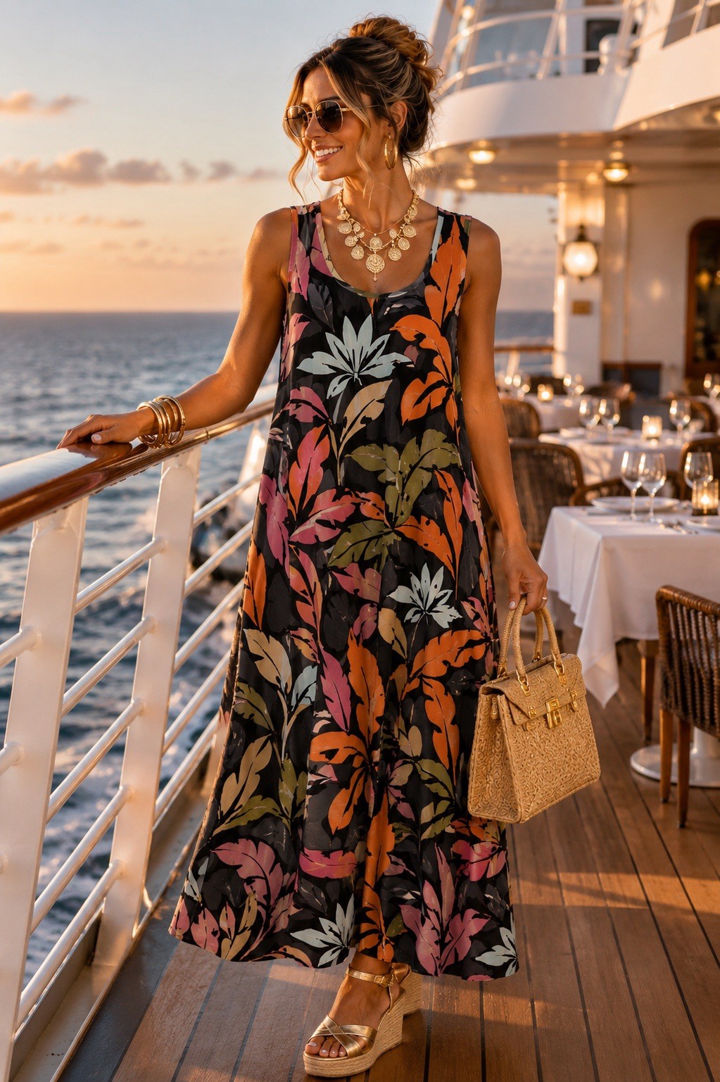 Soft Surroundings Joylyn Cinched Waist Maxi Dress 2X Tropical Palm Print Boho B2