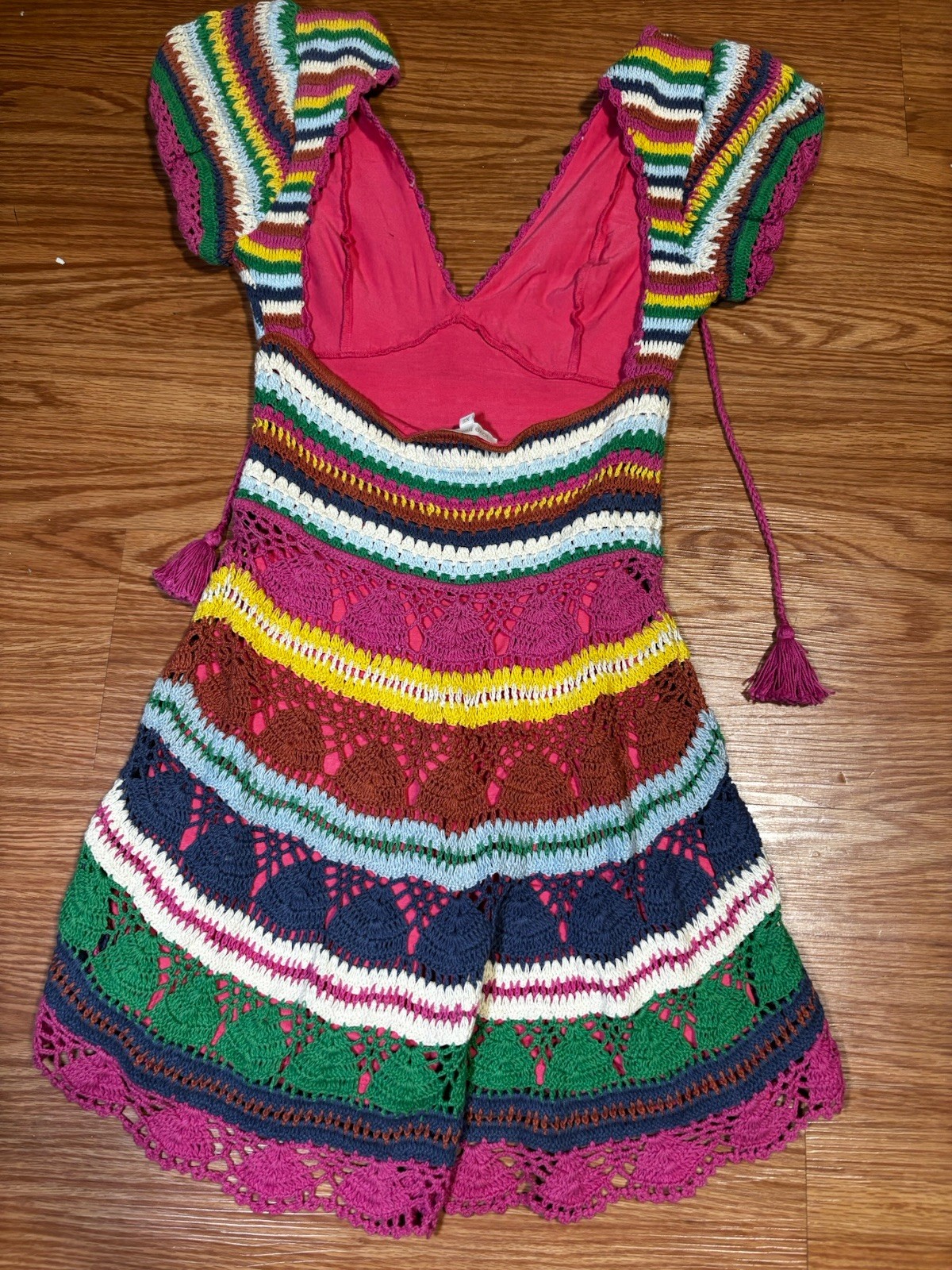 Love the Label Multicolor Striped Crochet V-Neck Puff Sleeve Mini Dress XS