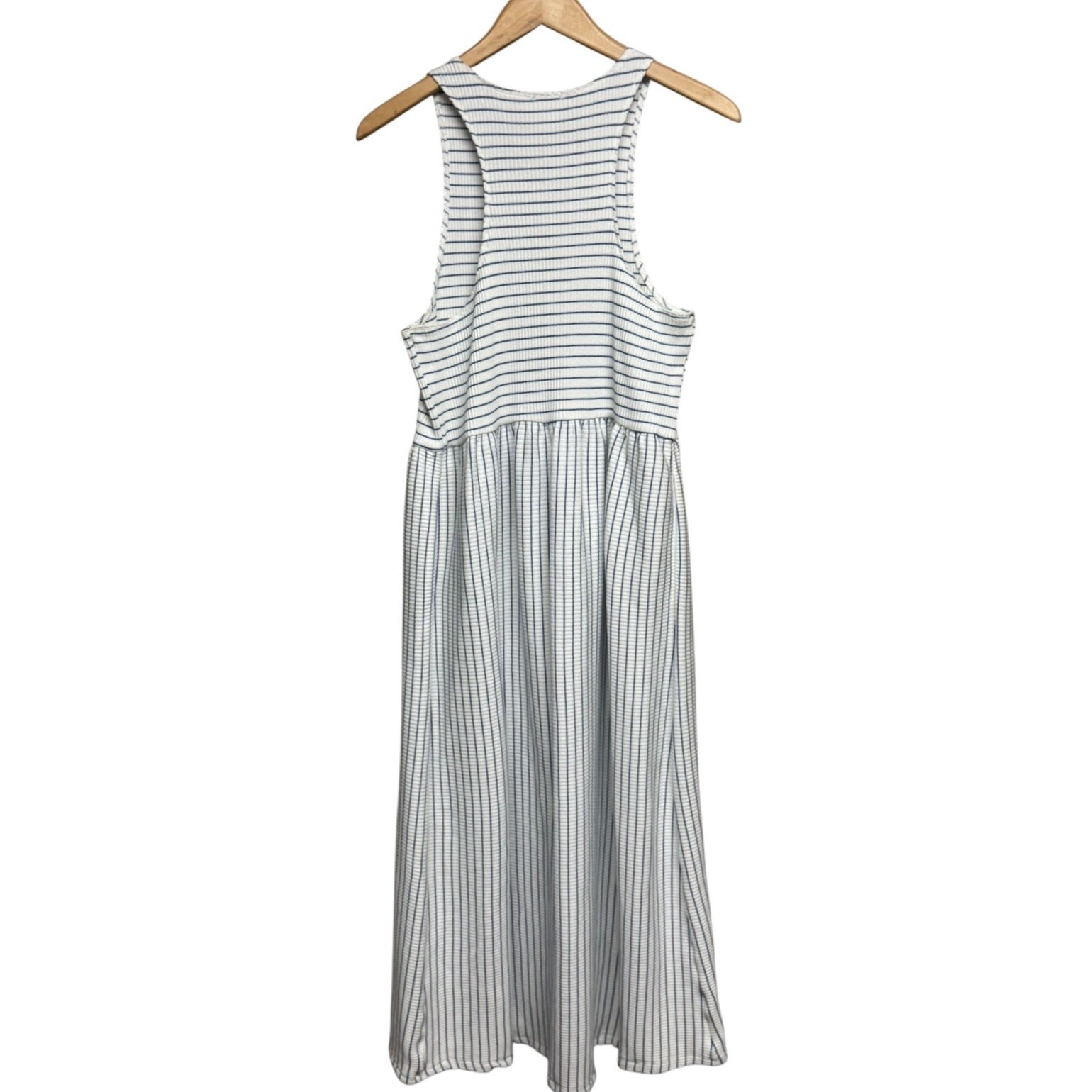 dRA Los Angeles Striped Rib Knit Midi Dress Large L Blue White Pockets Coastal