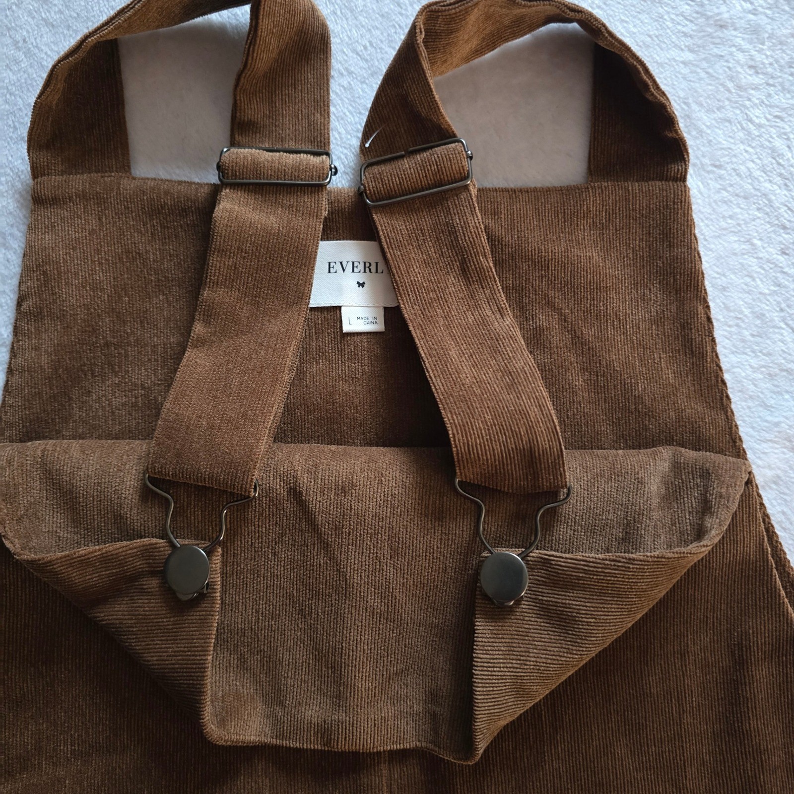 Everly Brown Corduroy Pinafore Overall Dress Large Camel Tan A-Line Bib Front