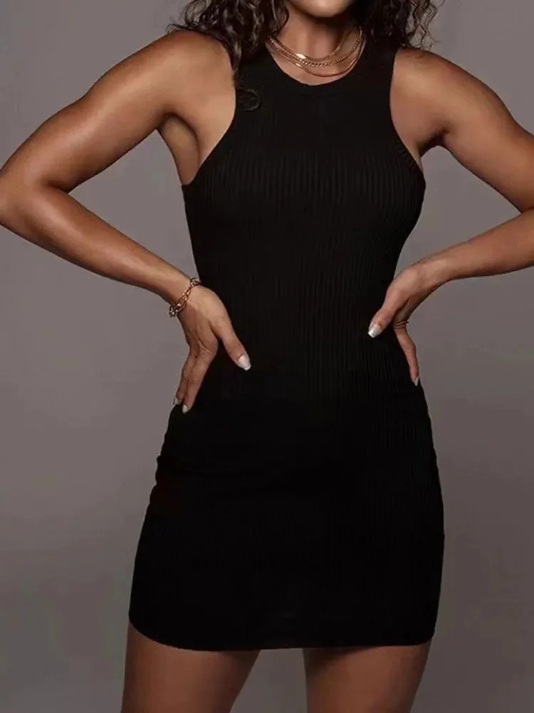Womens Ribbed Scoop Neck Sleeveless Tank Dresses Basic Bodycon Mini Fit Dress