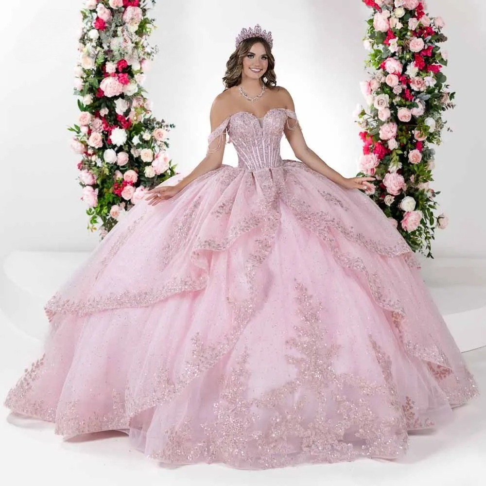 Pink Quinceanera Dresses Off Shoulder Ruched Lace Appliques Ball Gowns Sweet 16