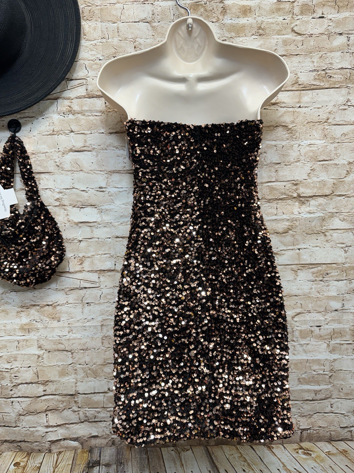 Thirty Thirty Strapless Copper And Black Sequined Dress & Bag Size M – NWT