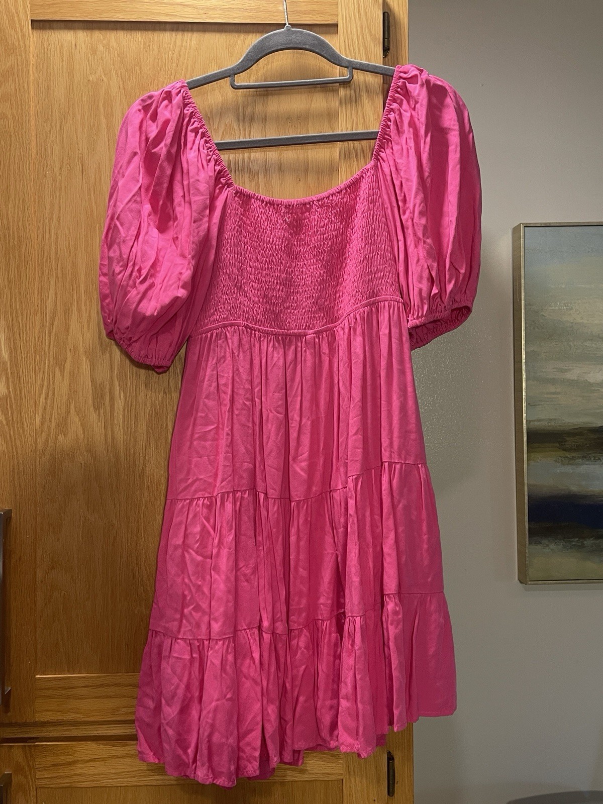 Proud Poppy Pink Solid Smocked Square Neck Puff Sleeve Mini Dress Size 10