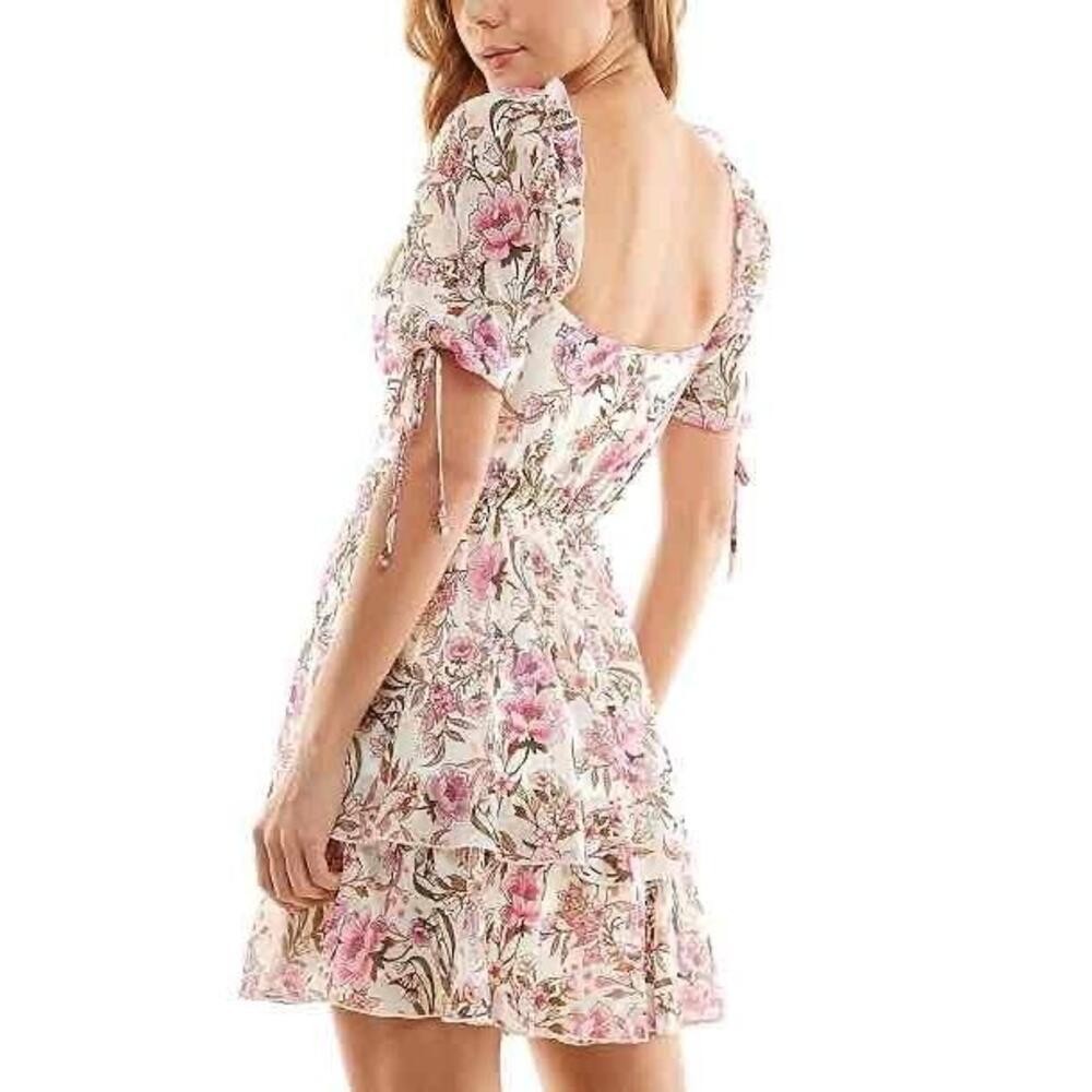 NWT City Studio Womens White Floral Print Tiered Ruffled Mini Dress Size M