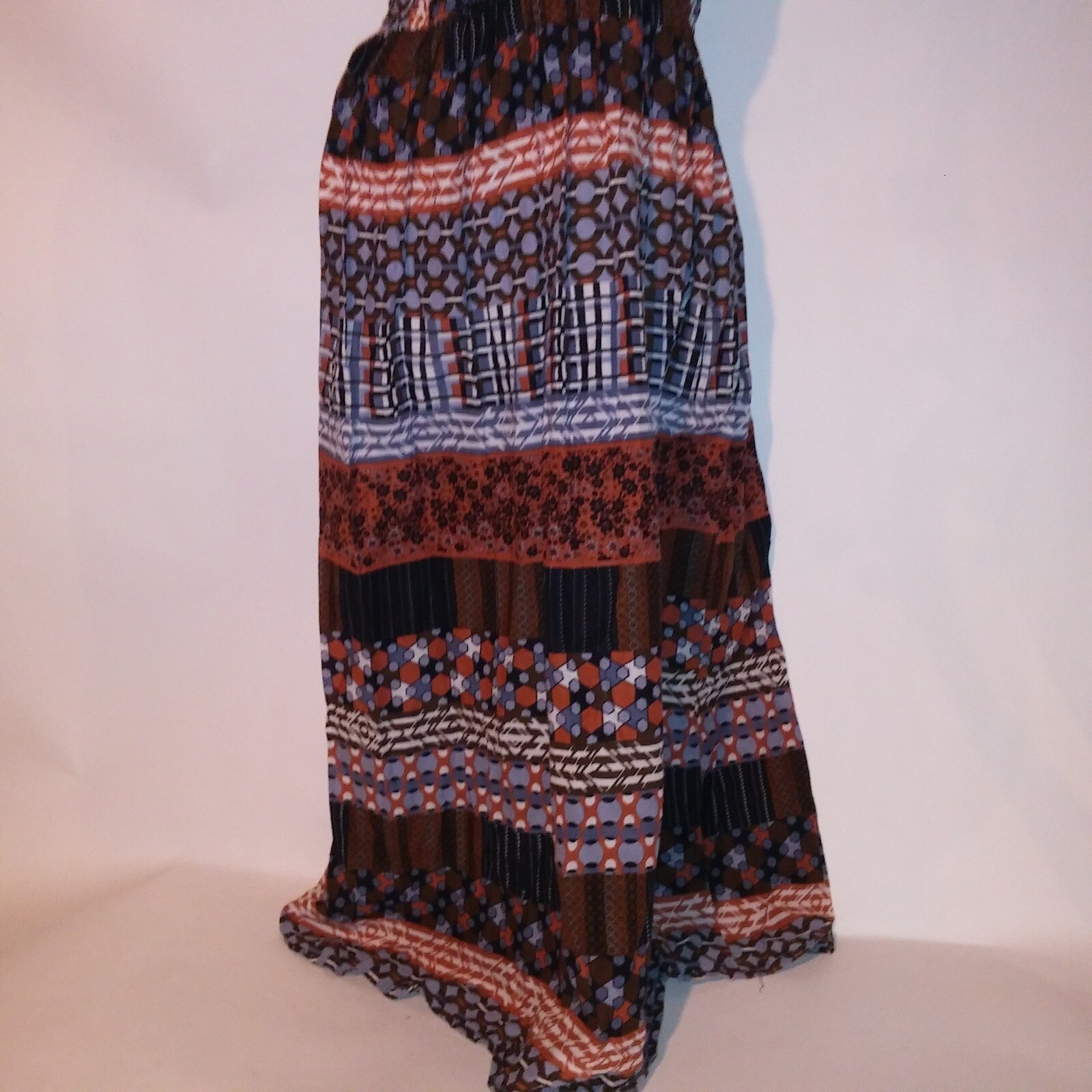 K Trixx Sun Dress Maxi Large Brown Blue White Smocked Sleeveless