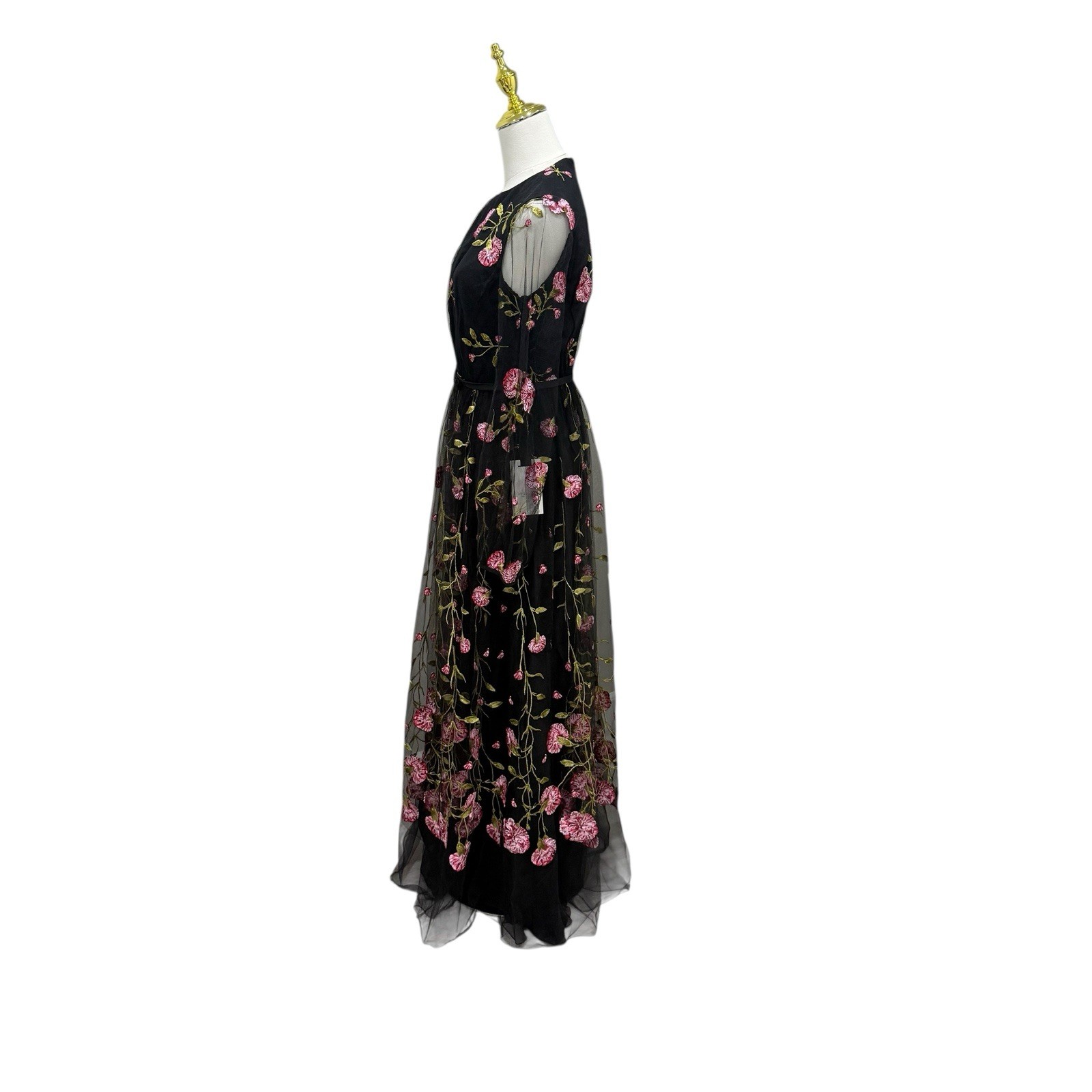 GIAMBATTISTA VALLI Carnation Embroidered Long Sleeve Maxi Dress Black/Rose SZ 4