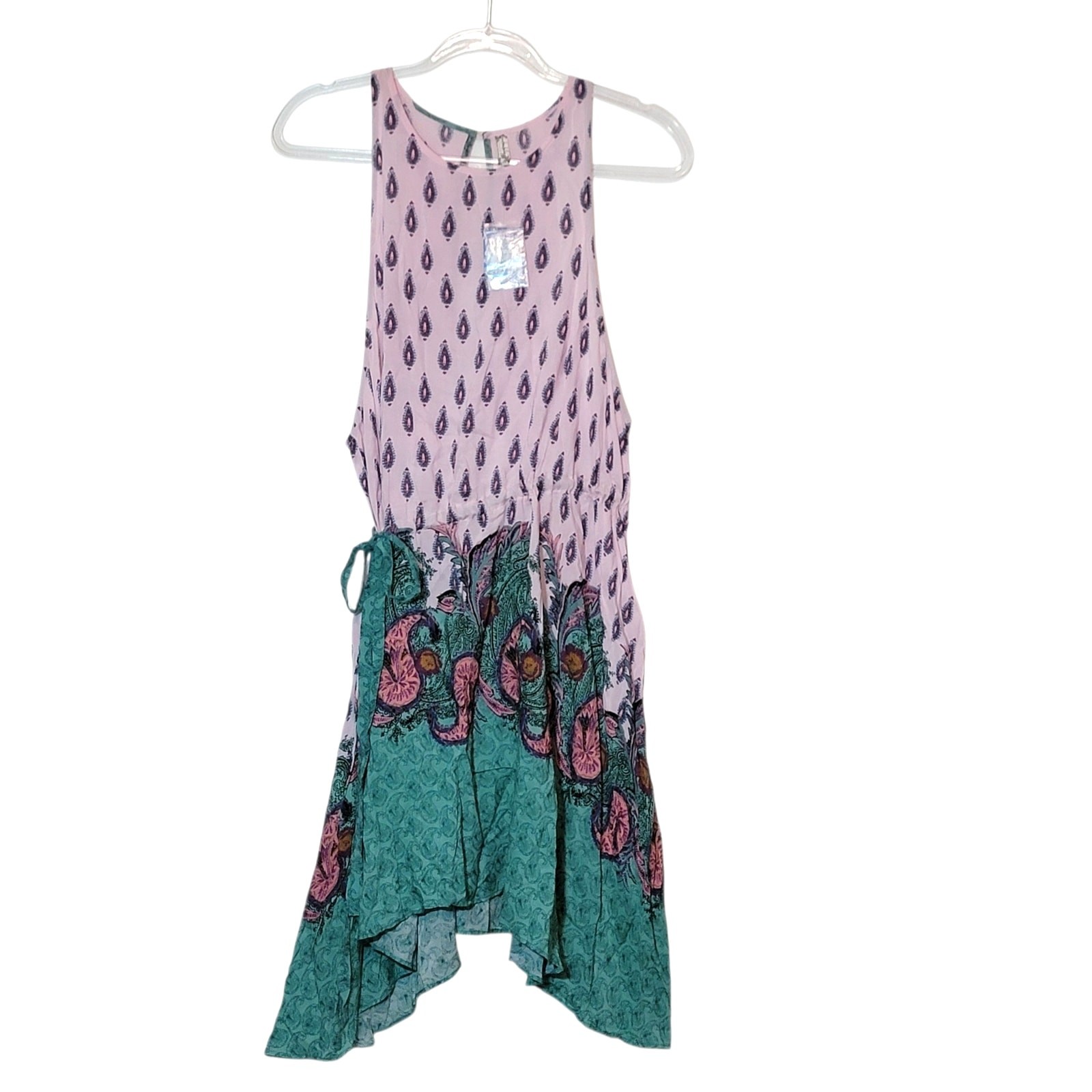 Free People NWT Paisley Boho Asymmetrical Tie Waist Dress Pink Teal Orange M