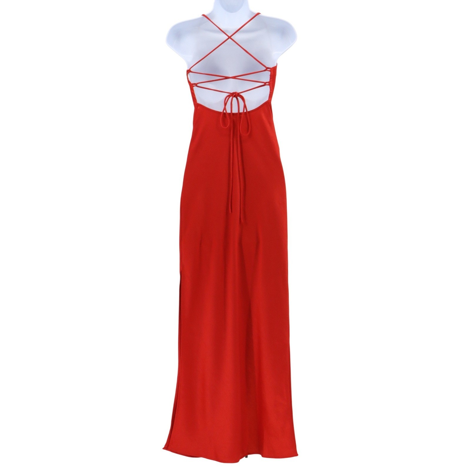 NWT MESHKI Sydney Straight Neck Lace Up Back Slip Maxi Dress Red XXS