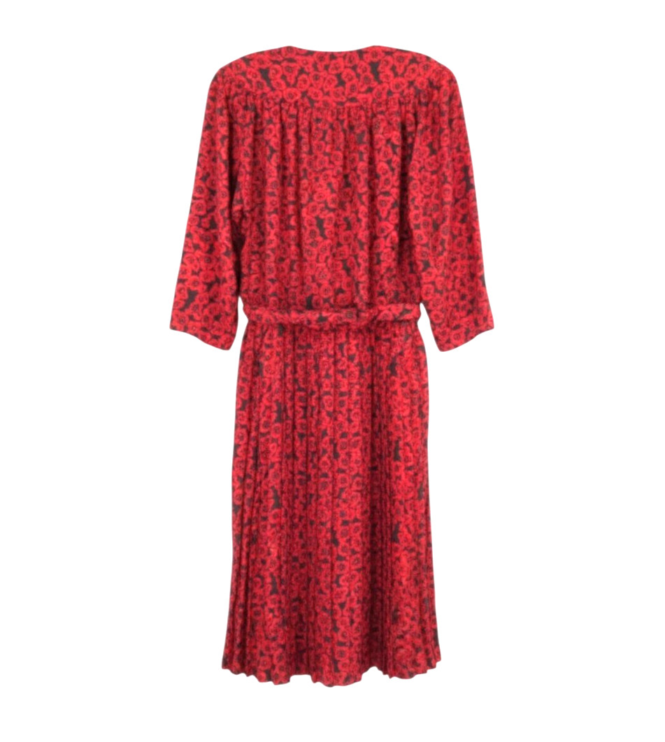 VTG WINNING TICKET Black w/RED ROSES Satin 1/4-BUTTON Belt BLOUSON DRESS Sz 14