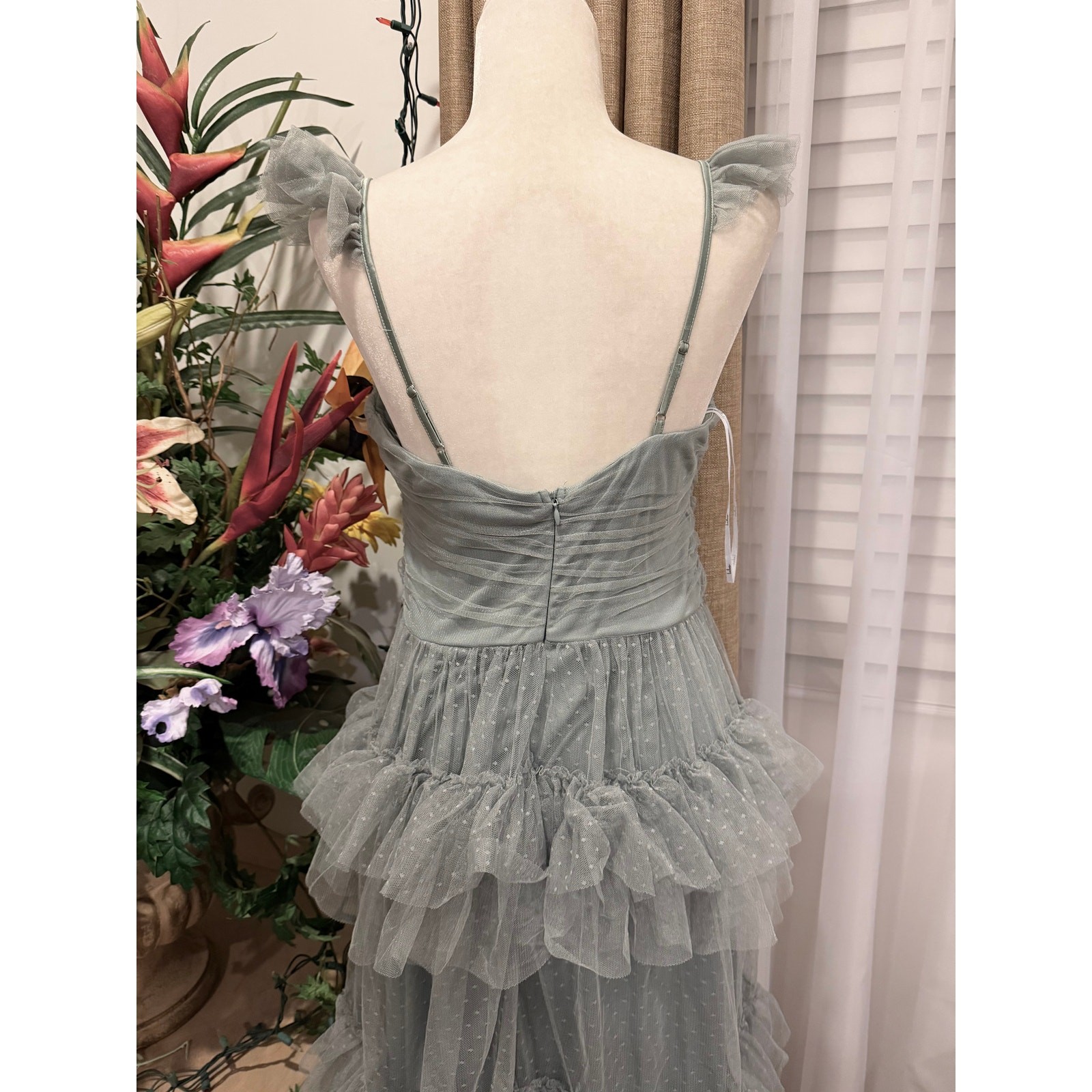 NWT Lulus Pure Radiance Sage Brush Mesh Swiss Dot Tiered Maxi Dress L