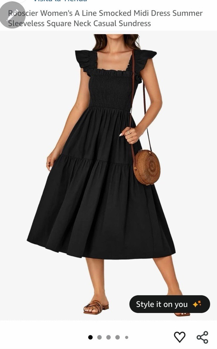 Rooscier Women’s Solid Black Smocked A-Line Midi Sundress Flutter Sleeve M