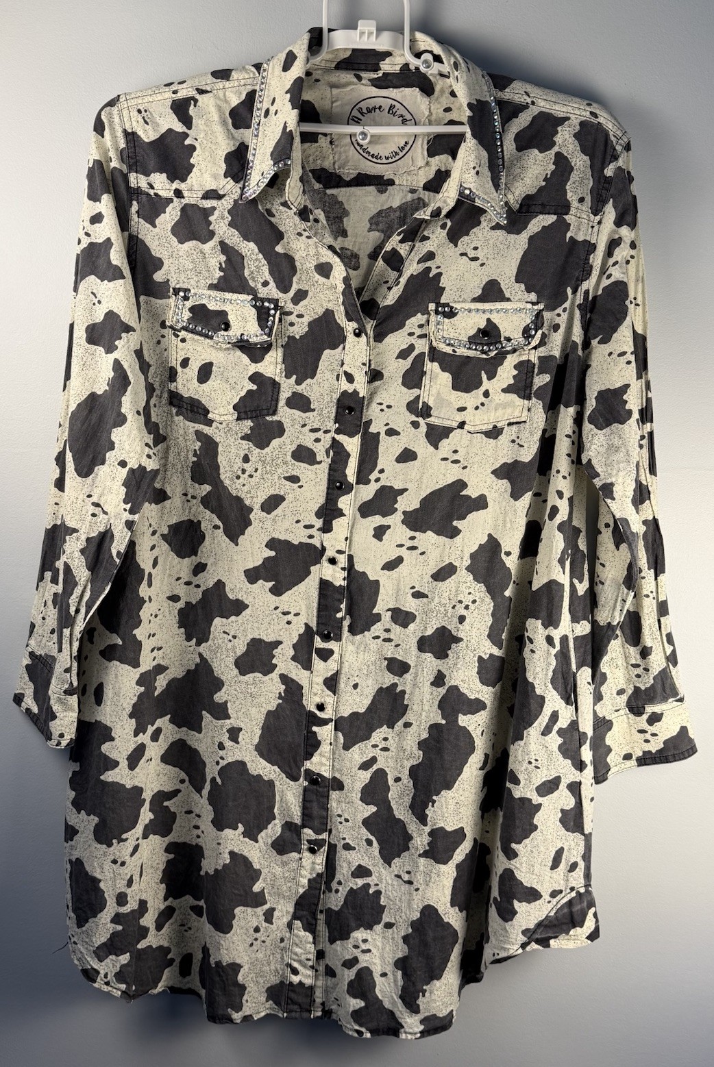 A Rare Bird Pearl Snap Shirt Dress Size M/L Cow Print Western Glam Rhinestones