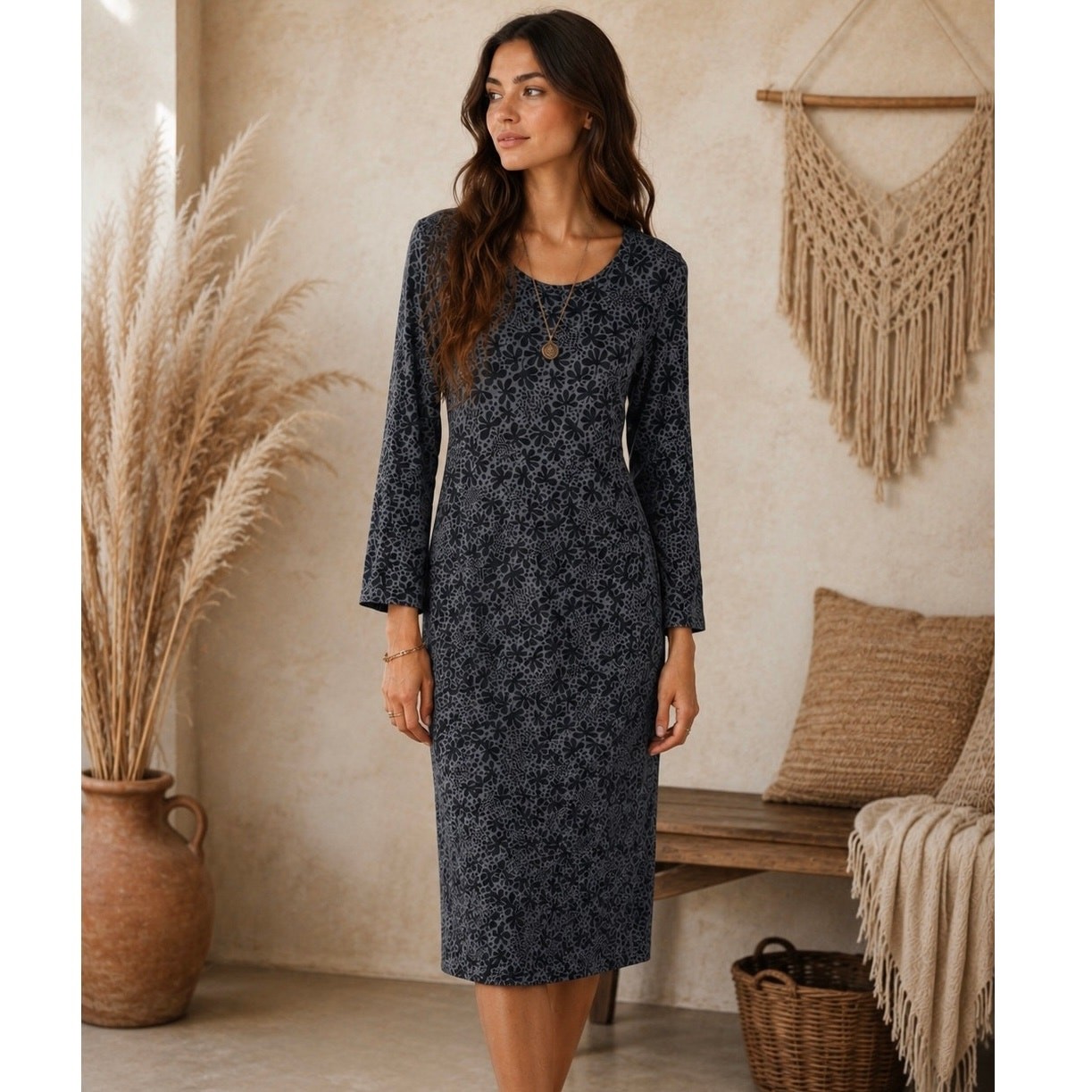 Gudrun Sjoden Organic Cotton Floral Lagenlook Dress Artistic Boho Size Small