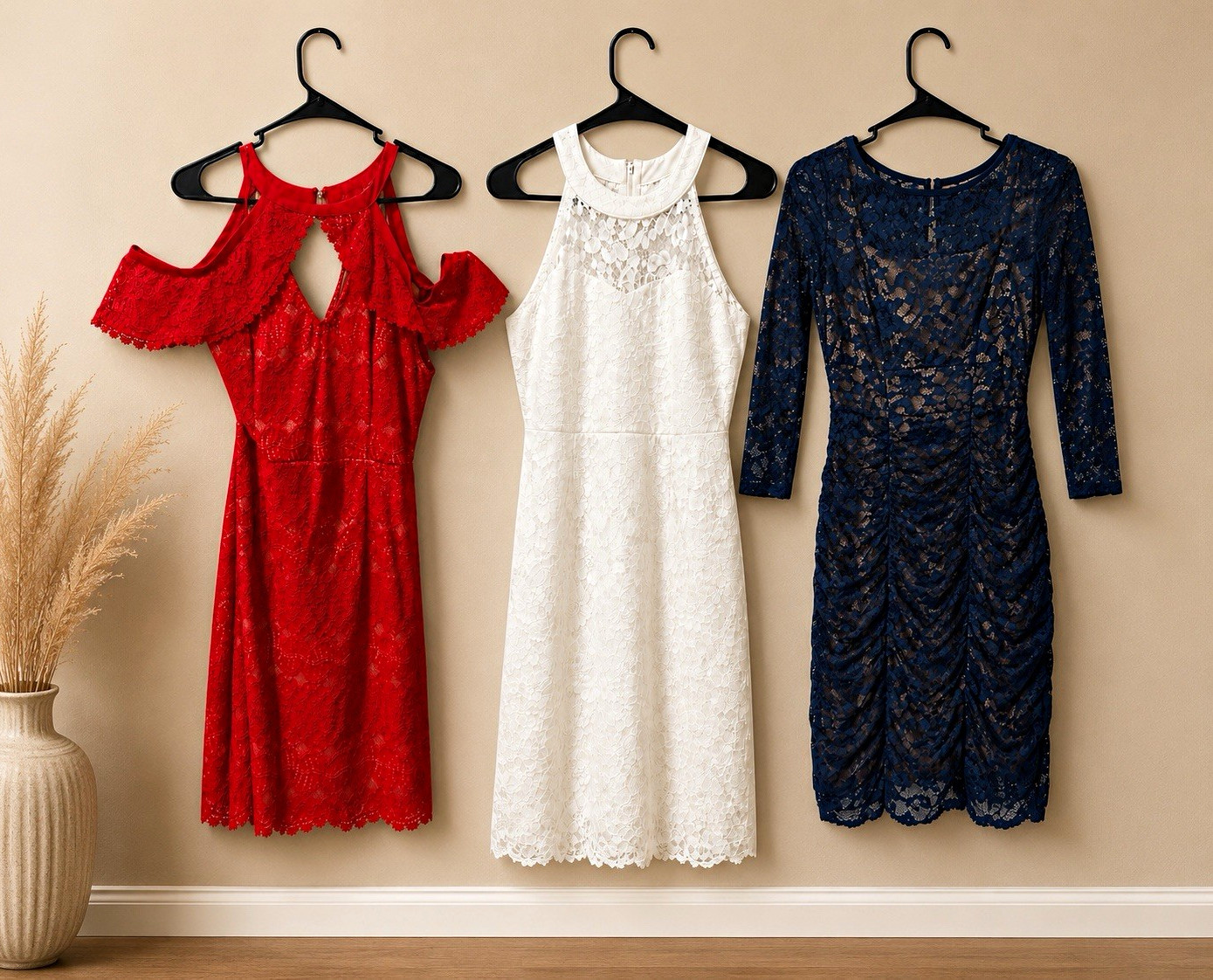 Women’s Lot of 3 Floral Lace Dressy Dresses: Red, White, Navy