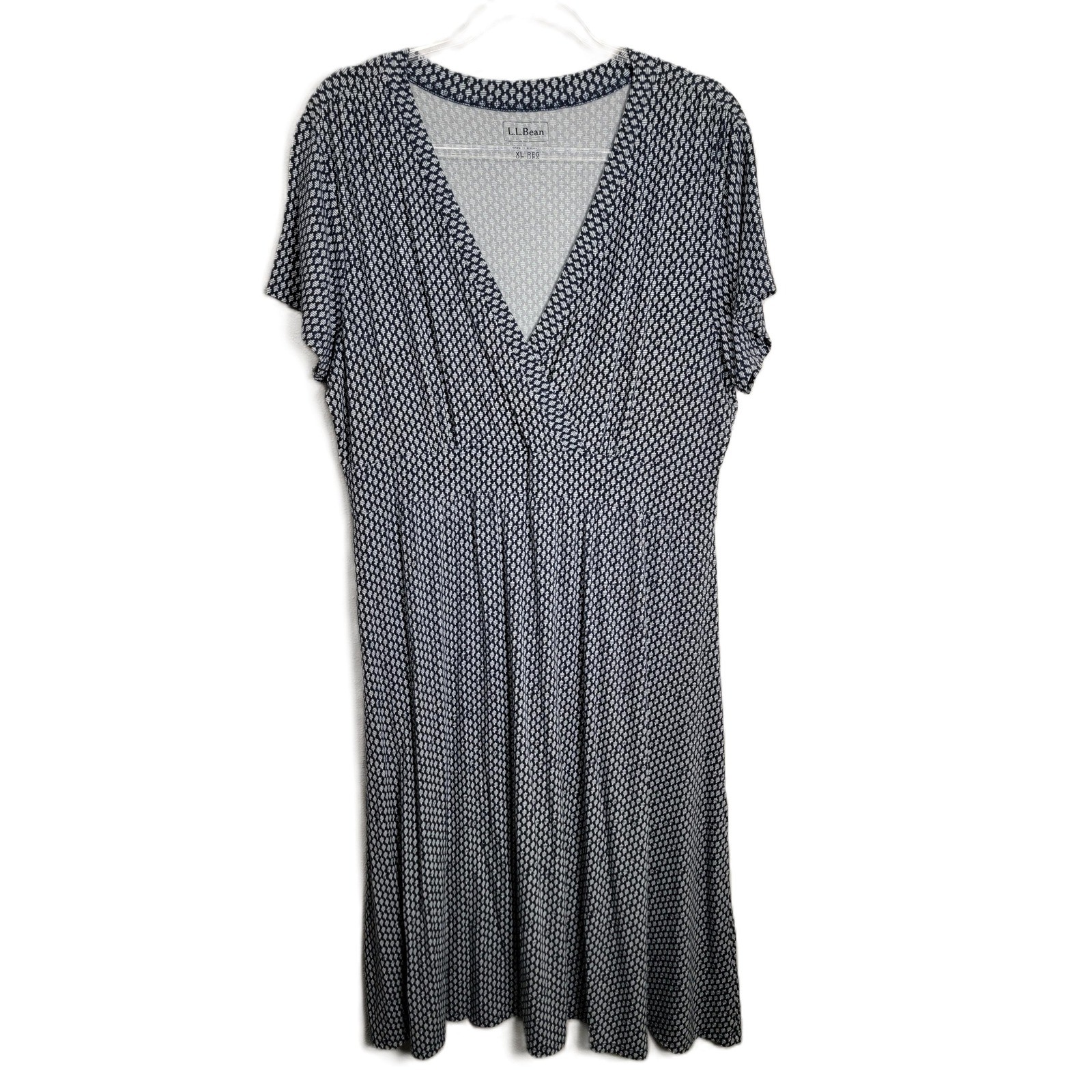 LL Bean XL Navy Blue Geometric Rayon Faux Wrap A-Line Midi Dress Soft Stretch