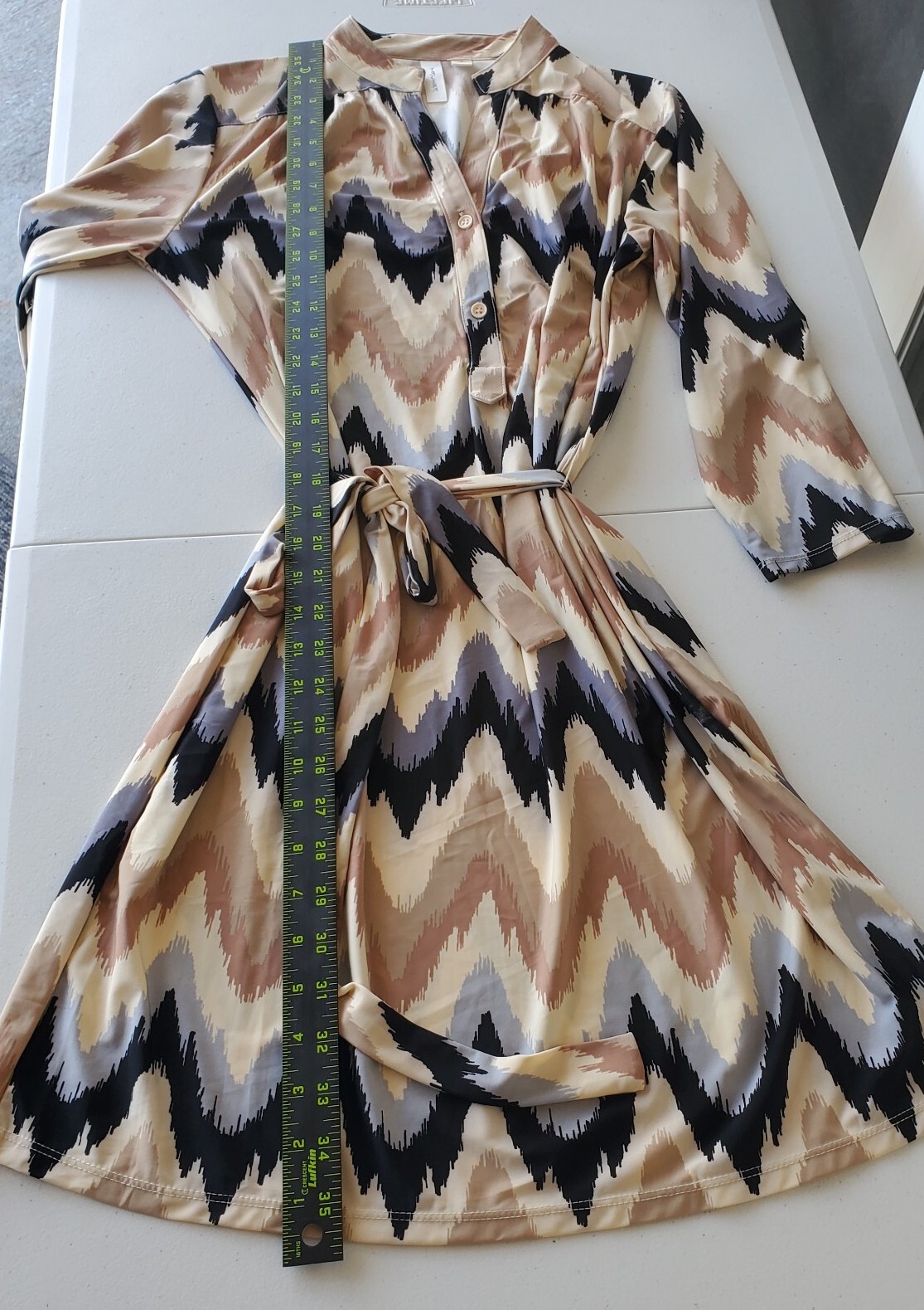 Tacera Dress Womens Small Beige Blue Black Chevron Pintuck Mandarin Collar