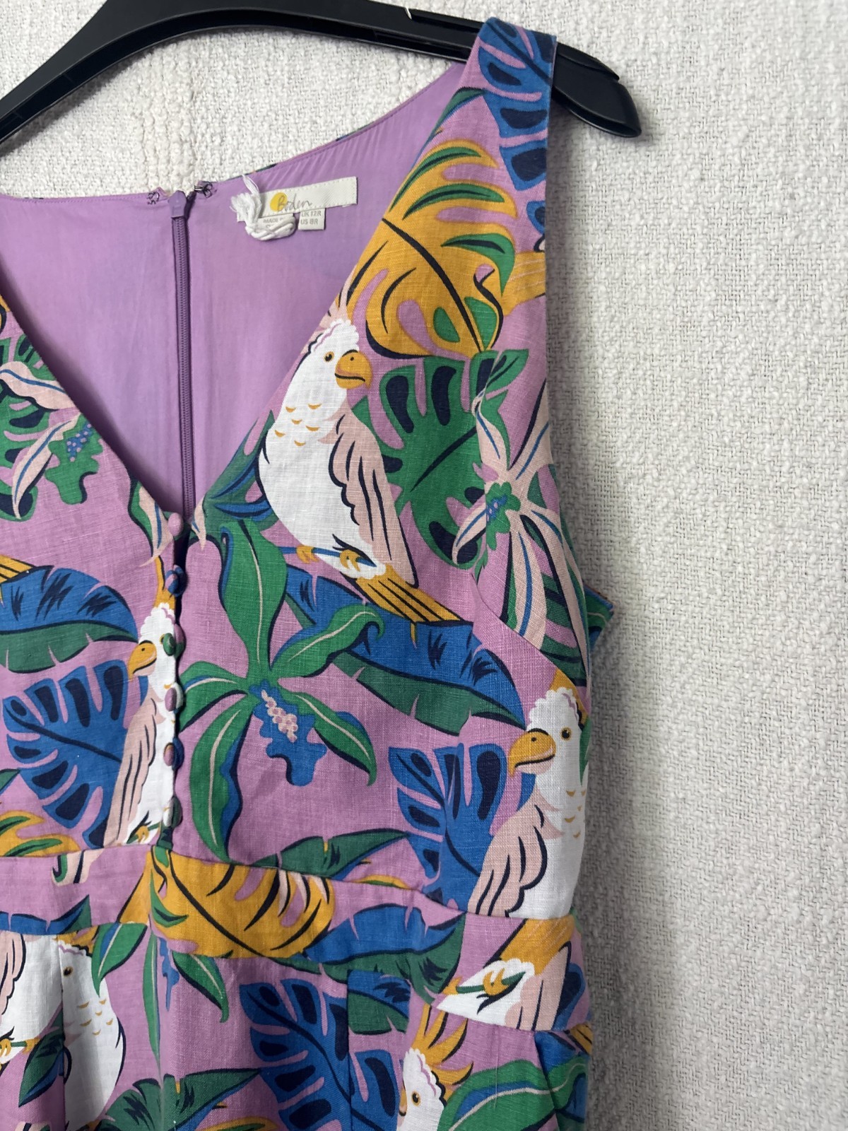 Boden purple green white linen sleeveless maxi v-neck bird parakeet palm tree 12