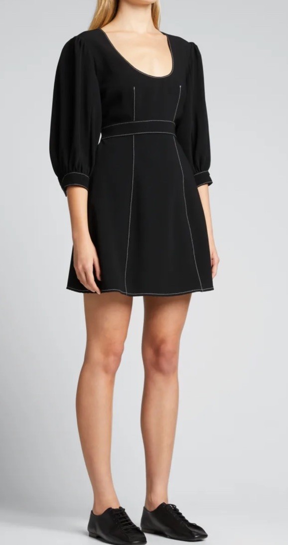 Cinq A Sept Clarissa Mini Black Contrast-Stitch Crepe Babydoll Dress Sz 10 $395