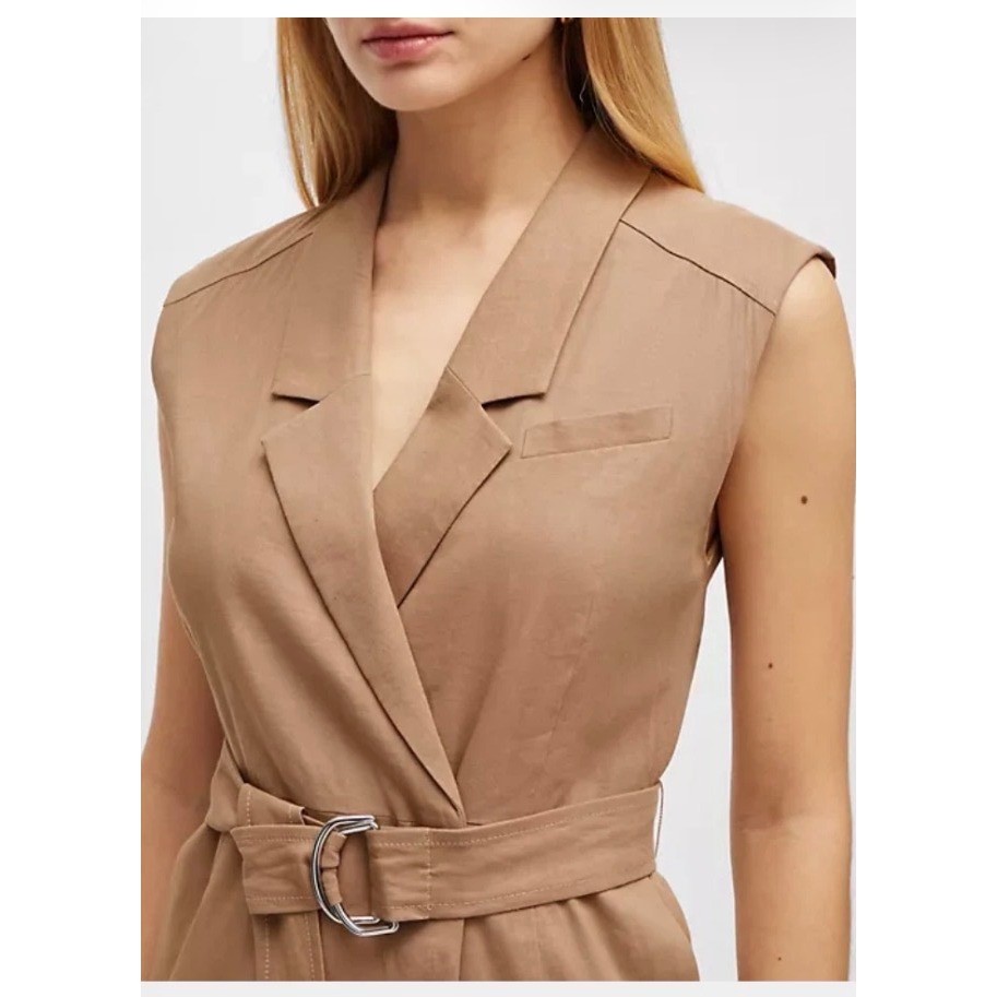 BOSS Hugo Boss Sleeveless Blazer Wrap Dress Camel Brown Linen Blend Womens Sz 16