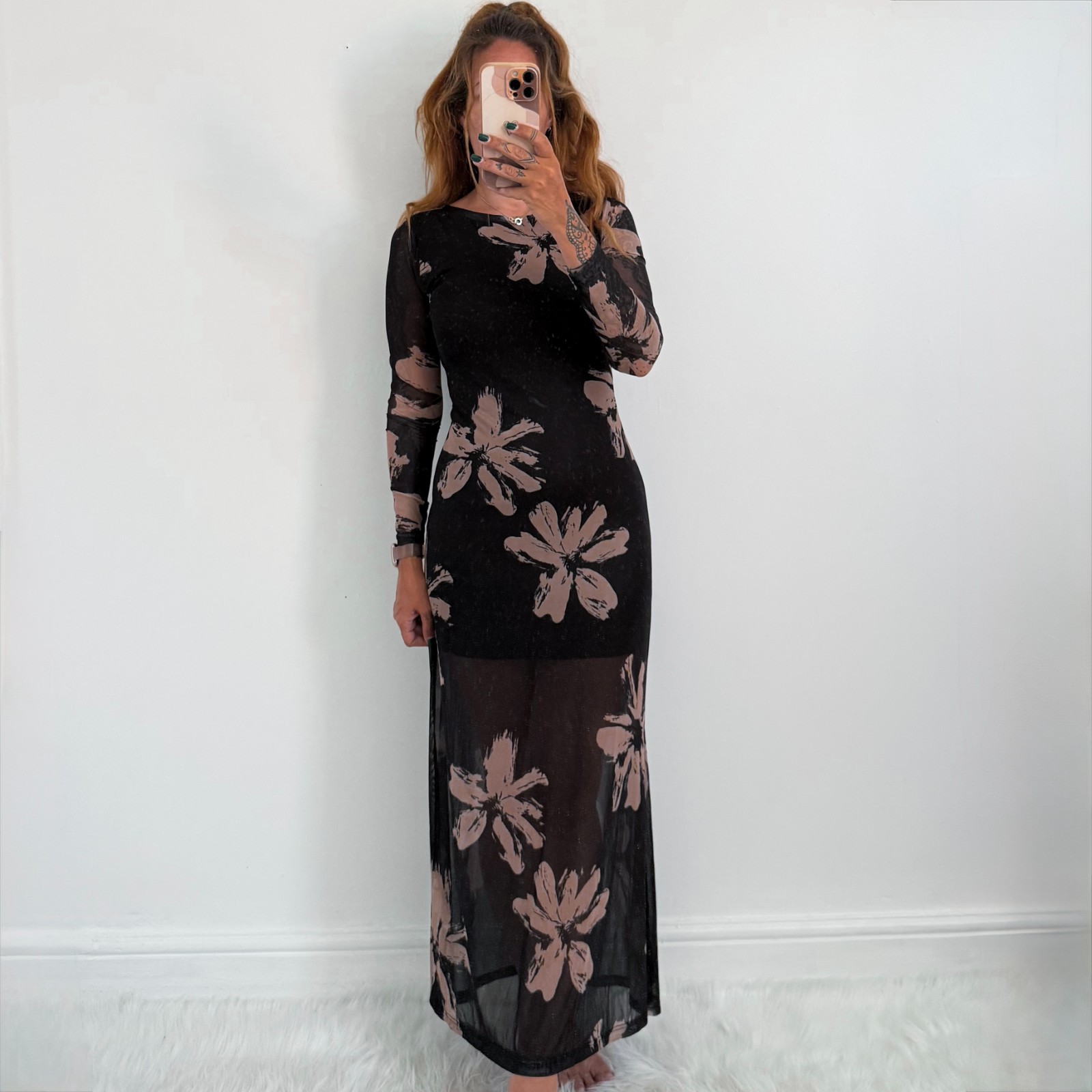 Ladies Floral Maxi Dress Black Beige Long Sleeved Size 8