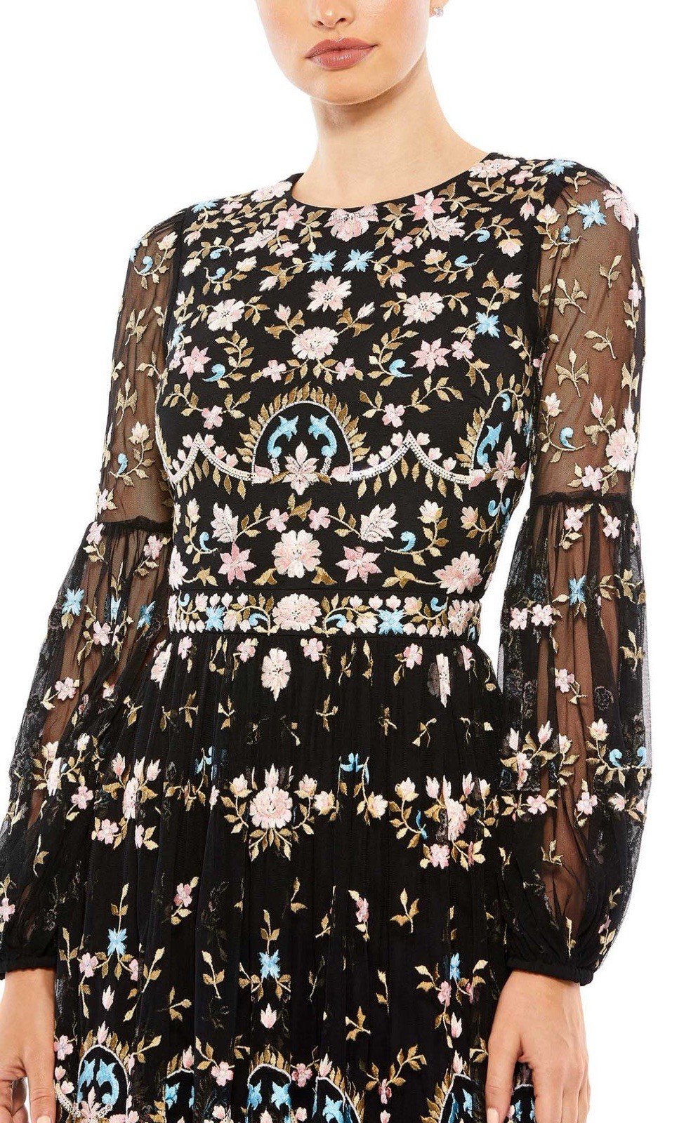Mac Duggal 35111 Embroidered Floral Gown Black Long Bishop Sleeve Size 8 NWT