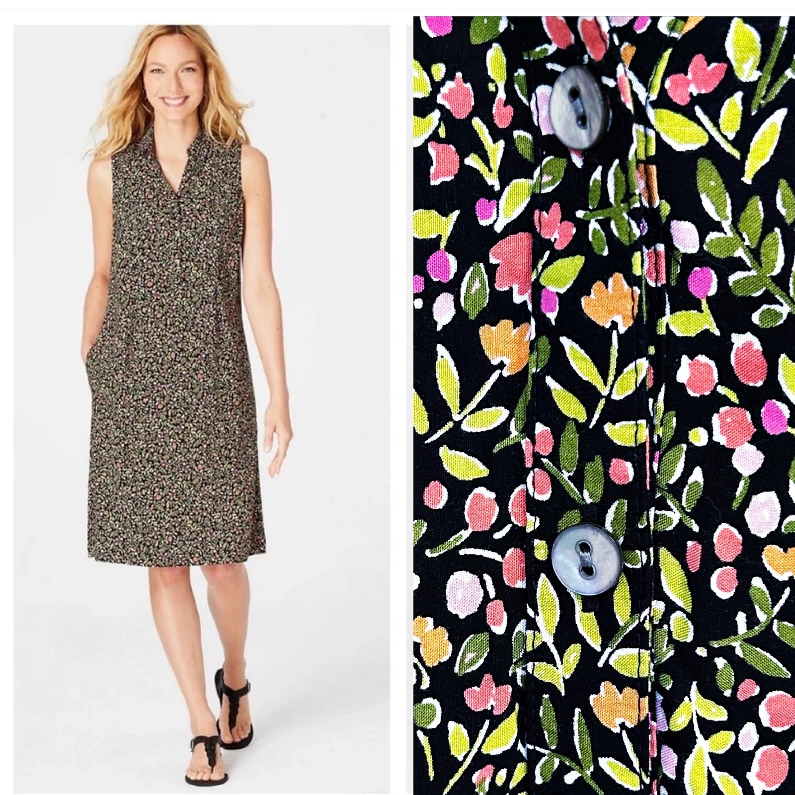 J Jill Floral Shirt Dress Medium Petite Black Pink Multi Sleeveless Shift Dress