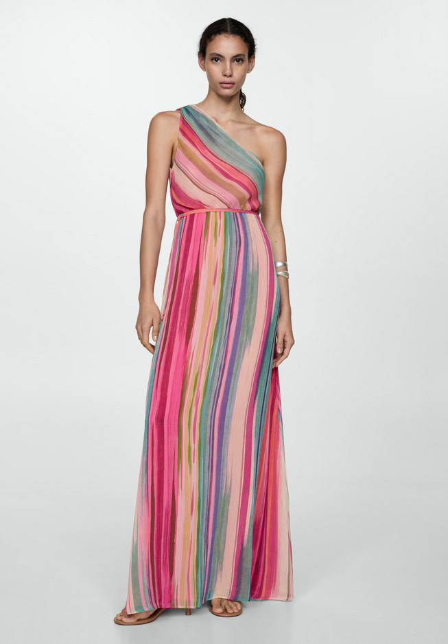 NWT MANGO MNG $160 STRIPED ONE SHOULDER MAXI DRESS SZ S US 4
