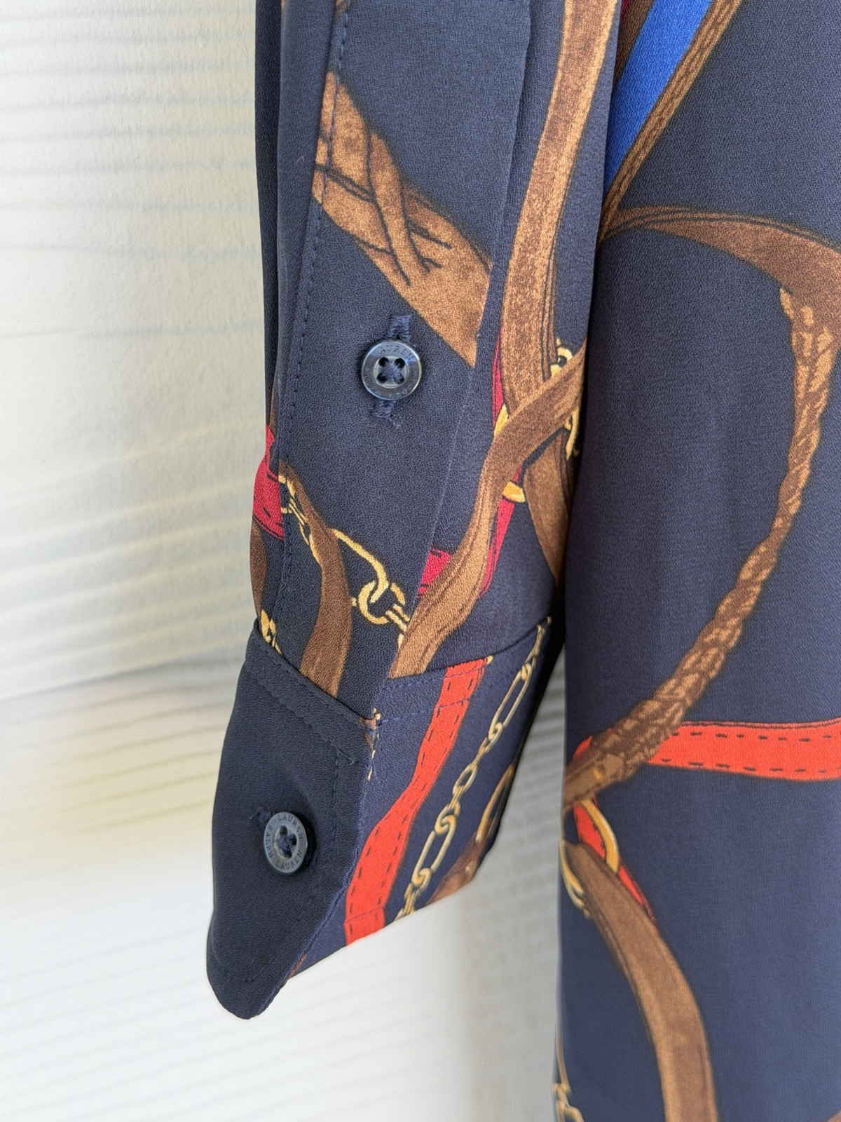 Ralph Lauren Georgette Equestrian Chain Print Tie Neck Midi Dress Navy 14 NWT