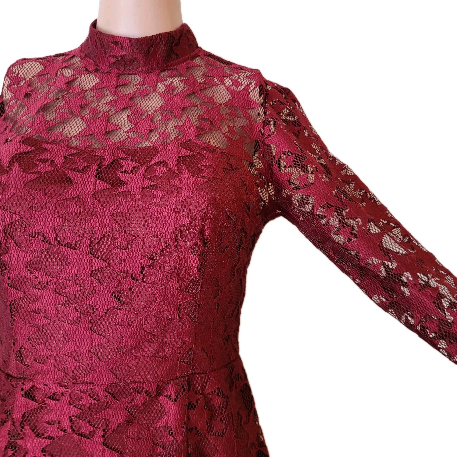 Betsey Johnson Mini Dress Womens 2 Star Lace Red Sheer Overlay sheer long sleeve
