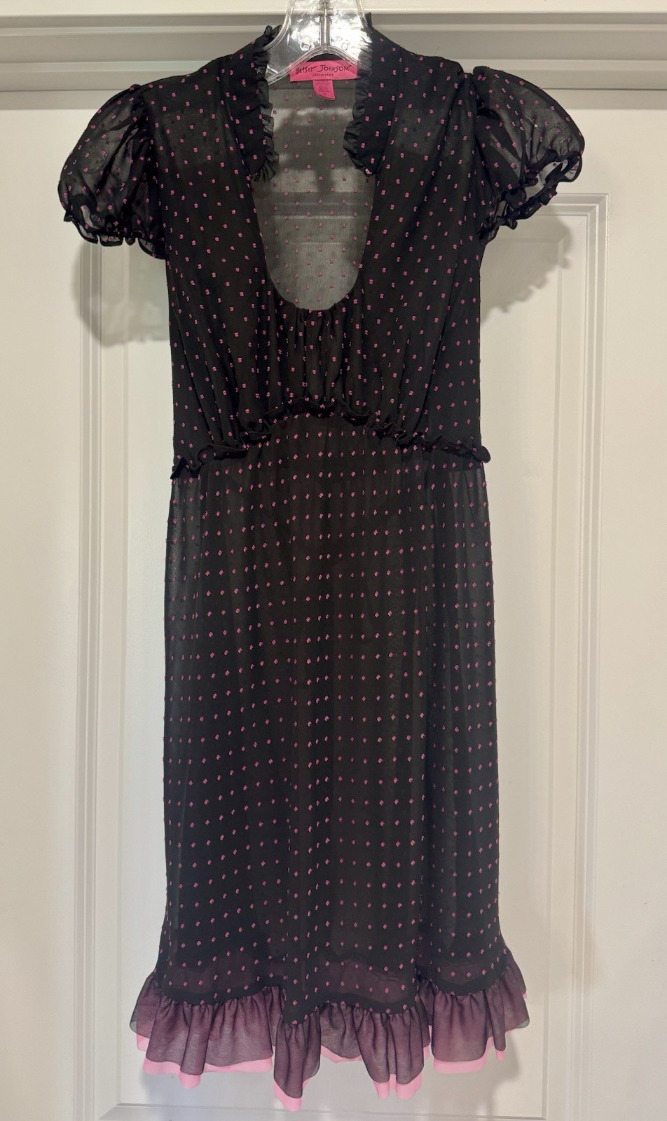 Rare Y2K Betsey Johnson Intimates Sheer Black & Pink Polka Dot Babydoll Dress S