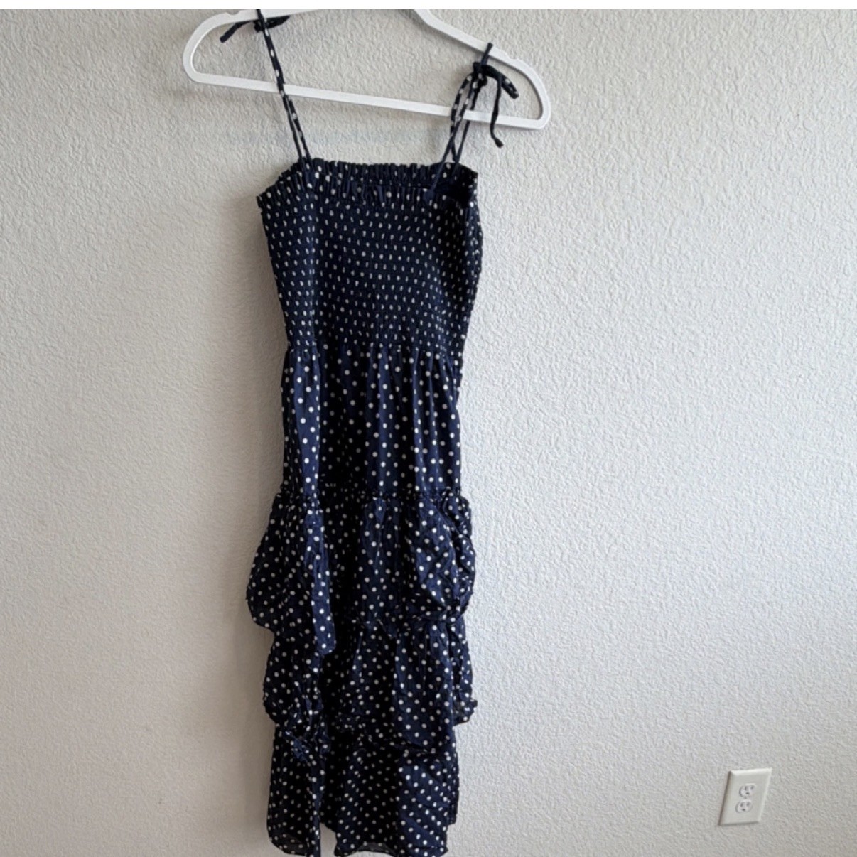 Tory Burch Polka Dot Ruffle Strap Midi Sundress Navy White Tie S Sleeveless