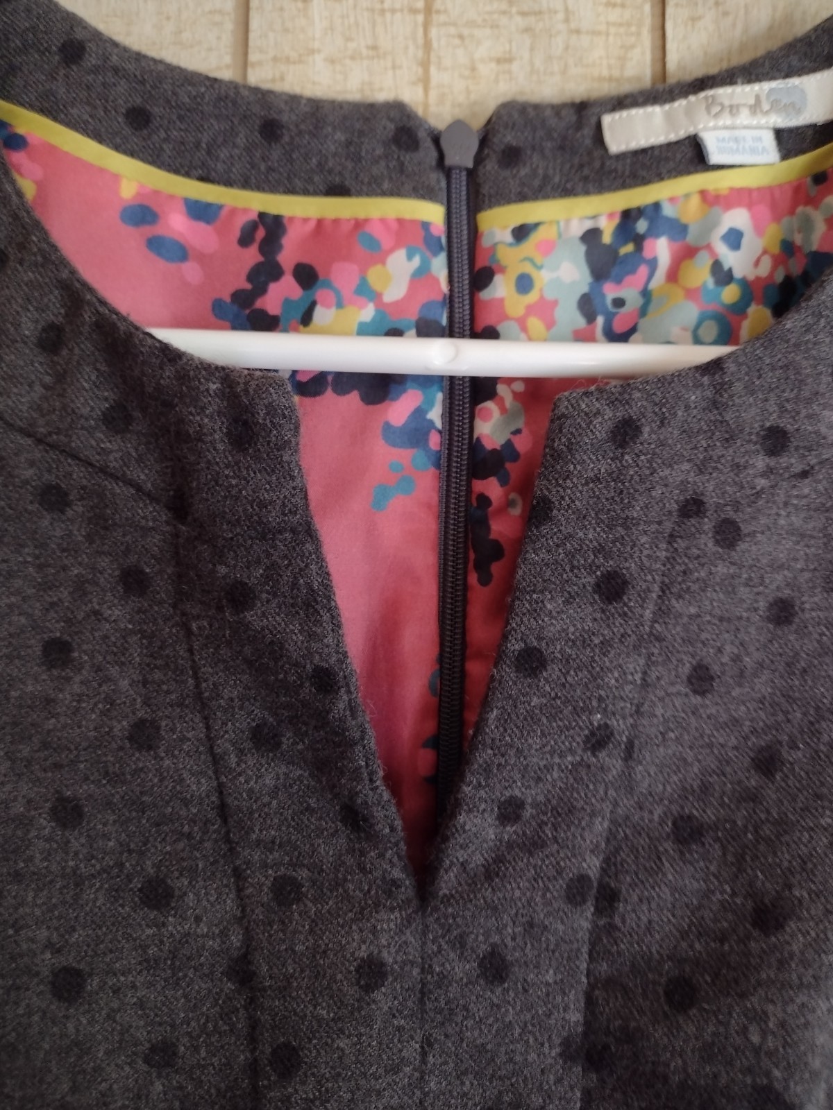 Boden Wool Blend Polka Dot Floral Lined Tulip Split Neck Cap Sleeve Dress Grey 4