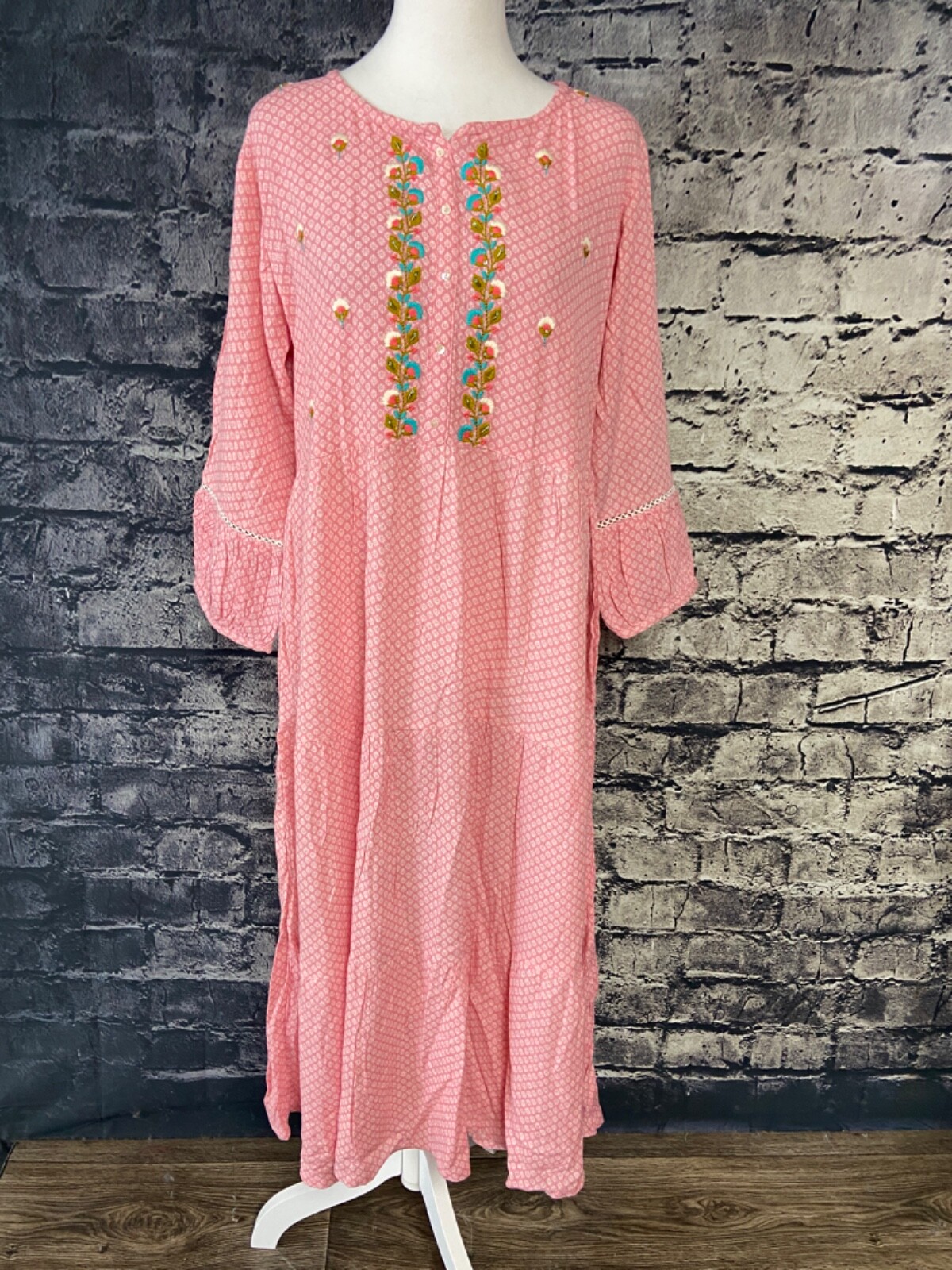 Mittoo by Khantil Womens Dress XL Boho Embroidered Maxi Pink Cottagecore